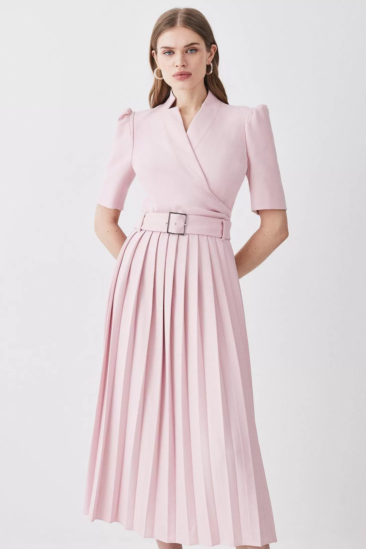 Karen Millen Structured Crepe Notch Neck Wrap Belted Forever Midi Dress