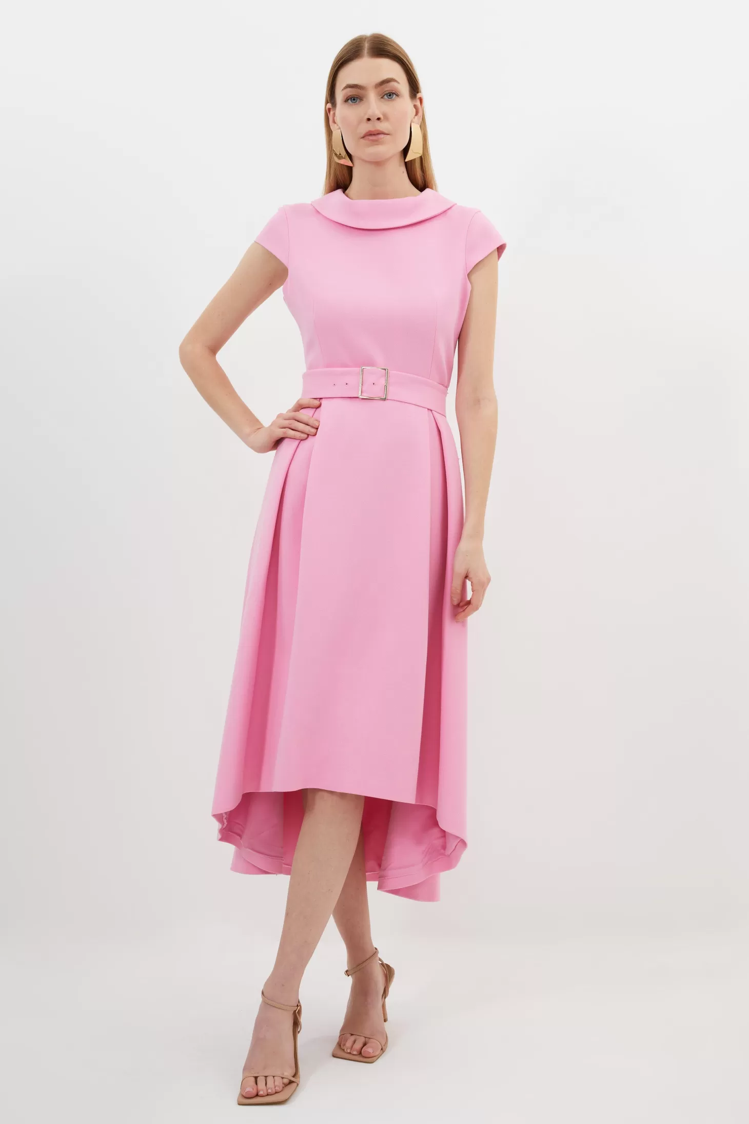 Karen Millen Structured Crepe Turtleneck Dip Hem Cap Sleeve Midi Dress