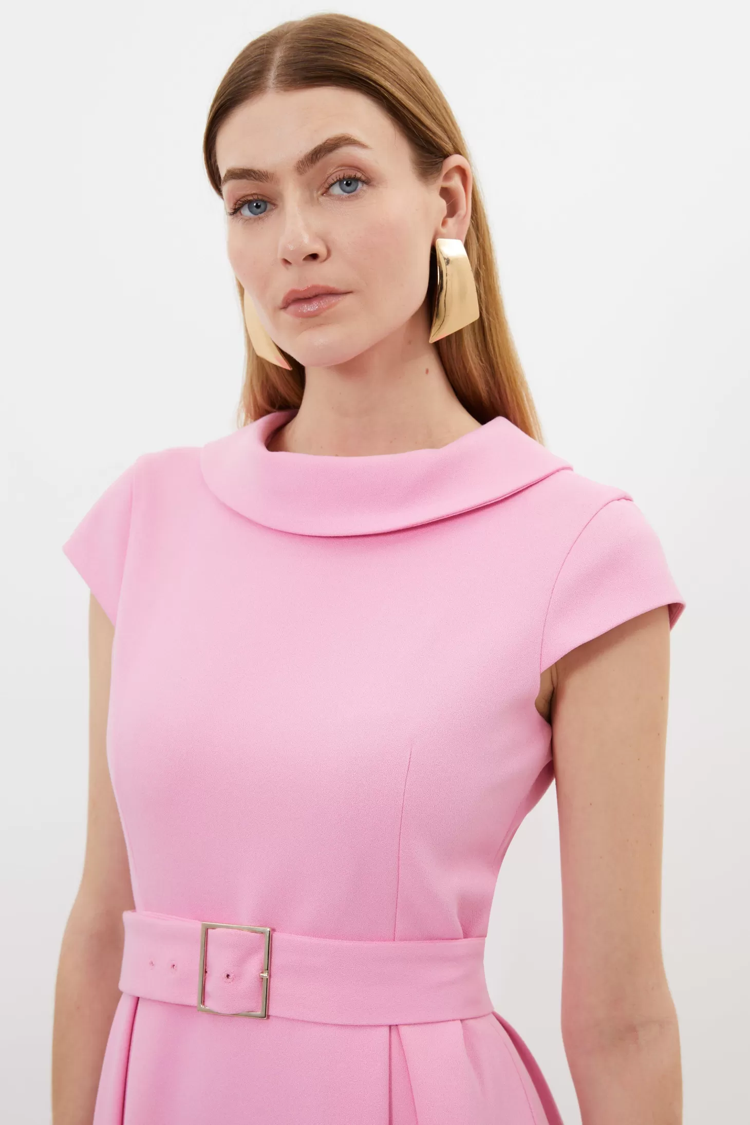 Karen Millen Structured Crepe Turtleneck Dip Hem Cap Sleeve Midi Dress