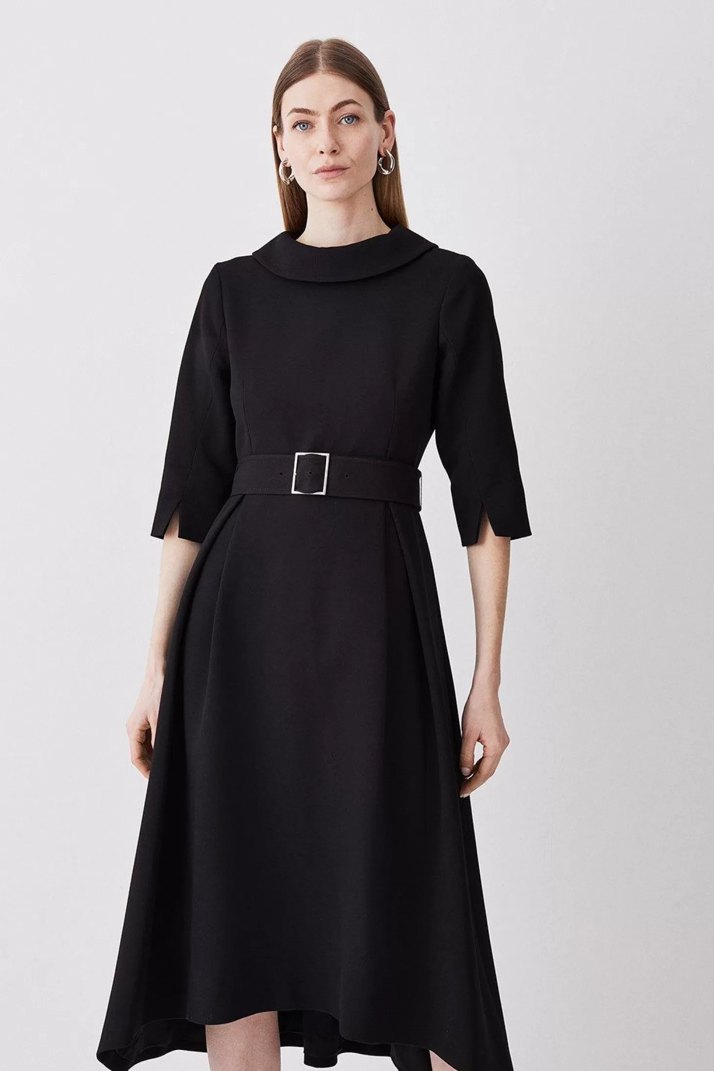 Karen Millen Structured Crepe Turtleneck Dip Hem Midi Dress