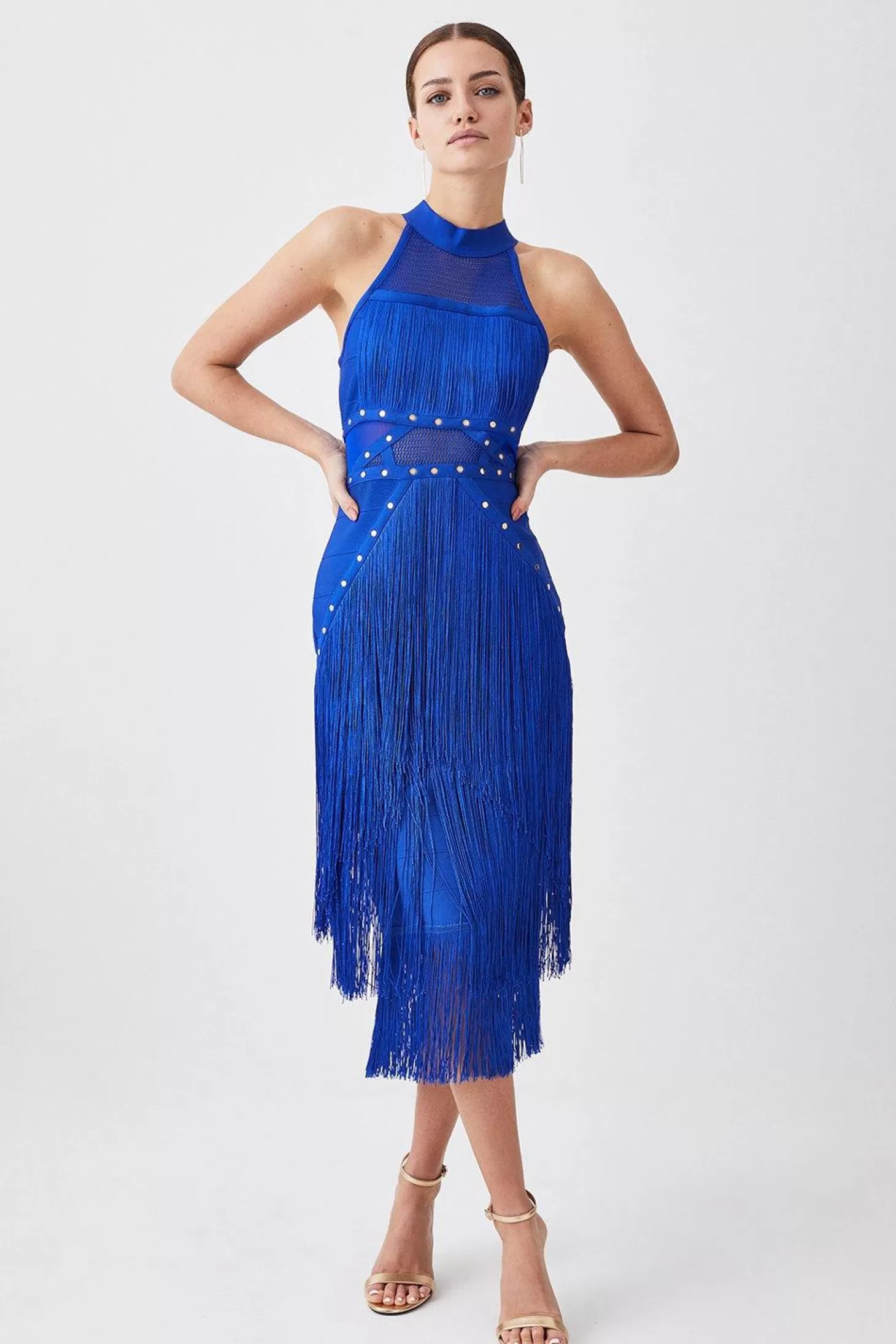 Karen Millen Studded Fringe Mesh Insert Knit Halterneck Bandage Midi Dress