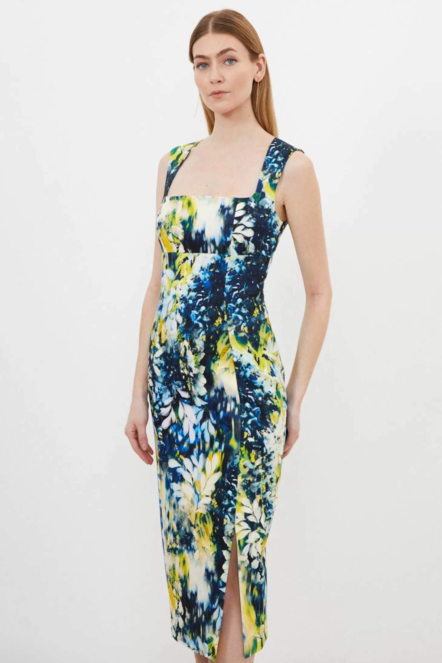 Karen Millen Tailored Blurred Wisteria Print Square Neck Midi Dress