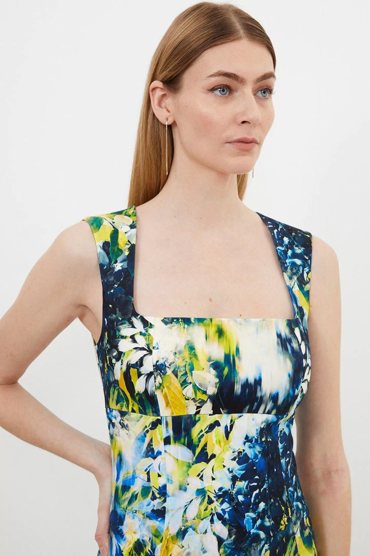 Karen Millen Tailored Blurred Wisteria Print Square Neck Midi Dress