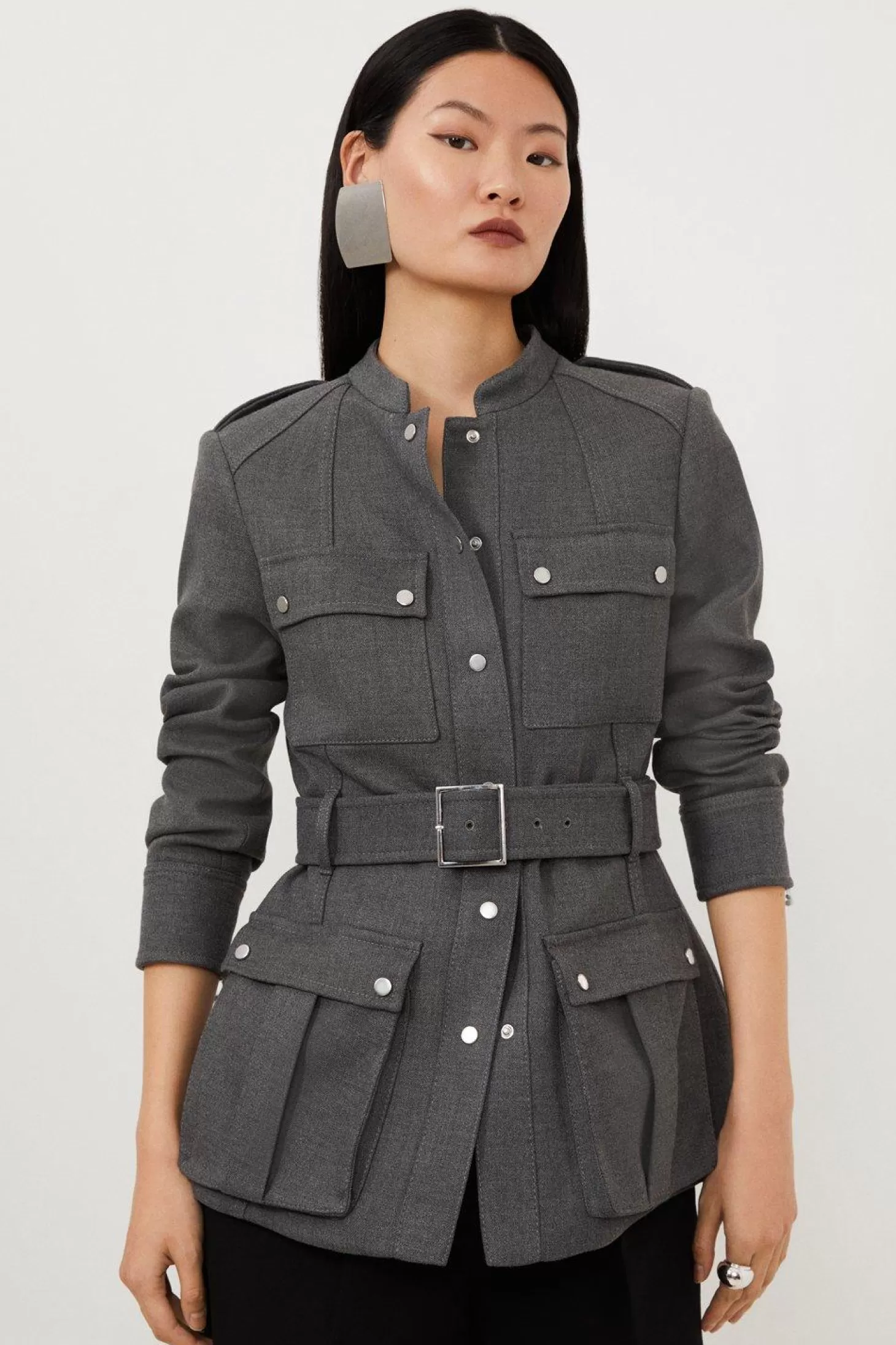 Karen Millen Tailored Cargo Pocket Belted Button Through Jacket