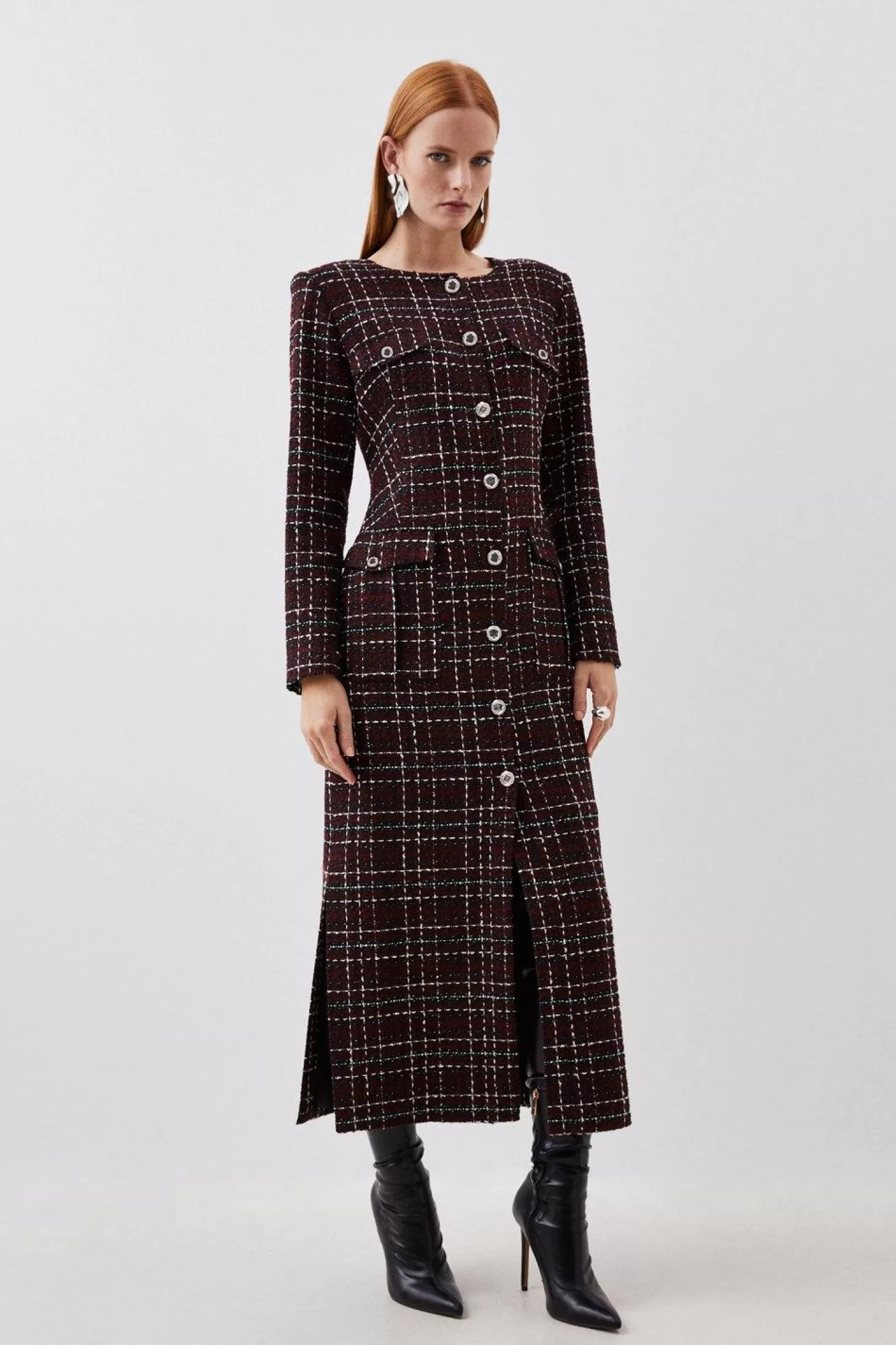 Karen Millen Tailored Check Boucle Pocket Detail Long Sleeve Midi Dress