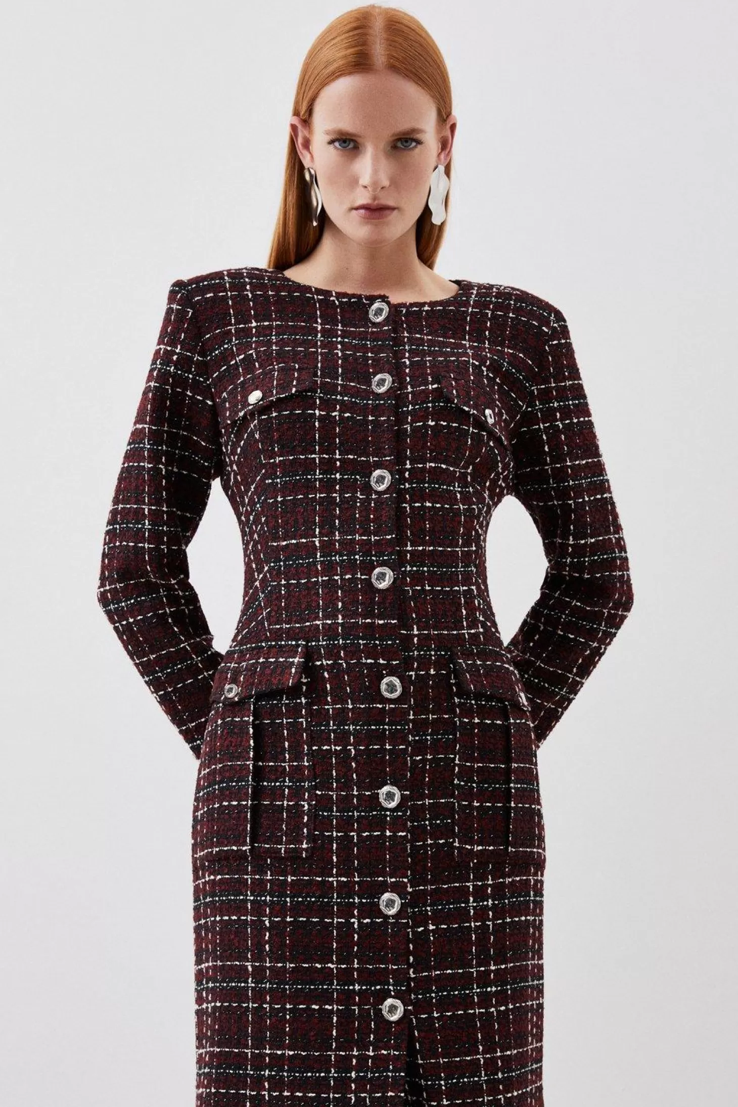 Karen Millen Tailored Check Boucle Pocket Detail Long Sleeve Midi Dress