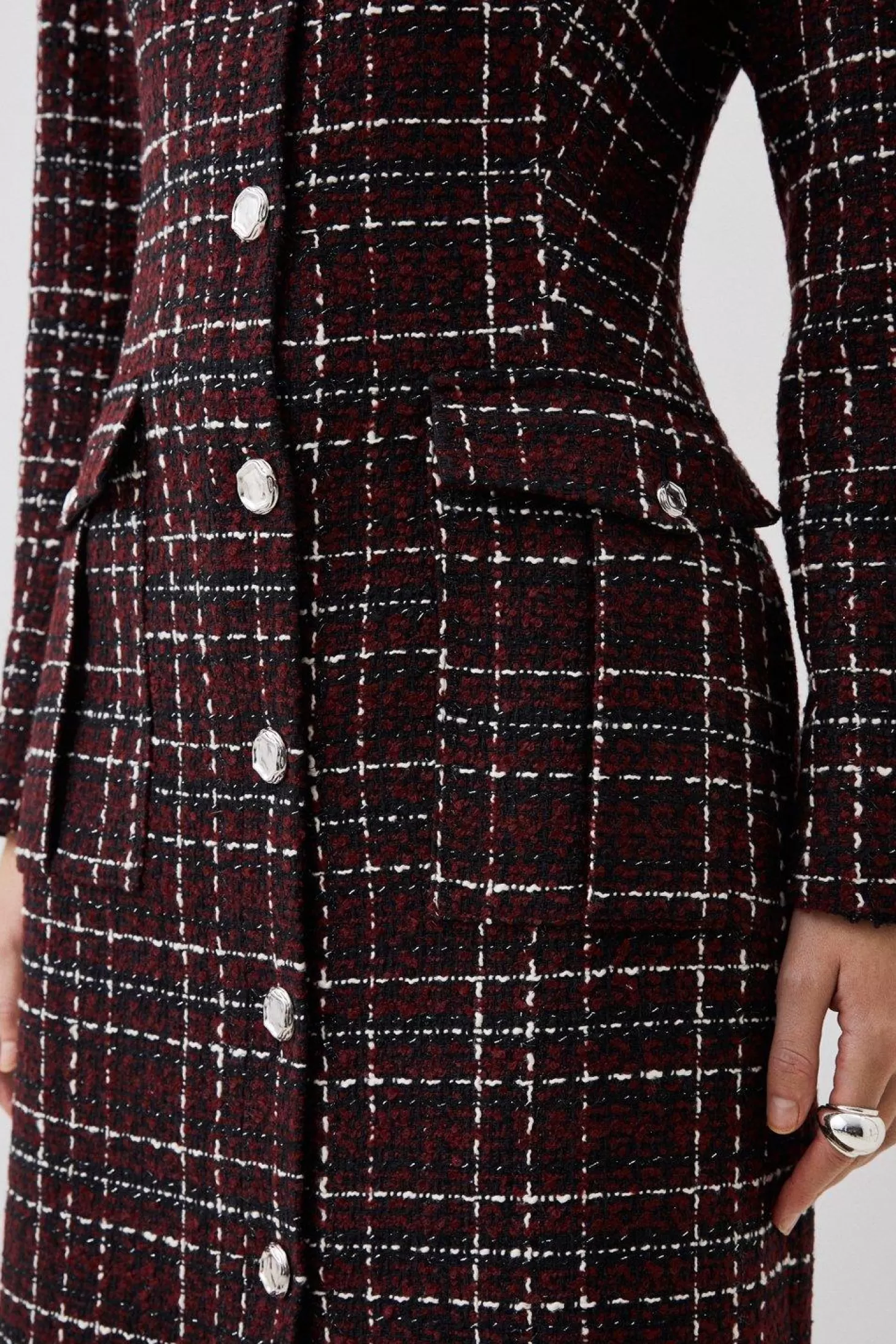 Karen Millen Tailored Check Boucle Pocket Detail Long Sleeve Midi Dress