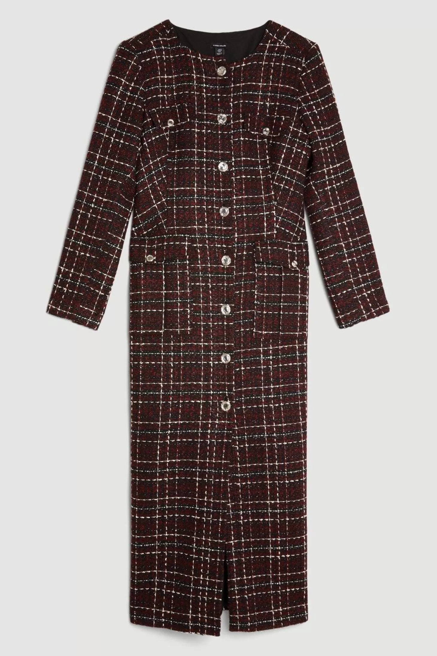 Karen Millen Tailored Check Boucle Pocket Detail Long Sleeve Midi Dress