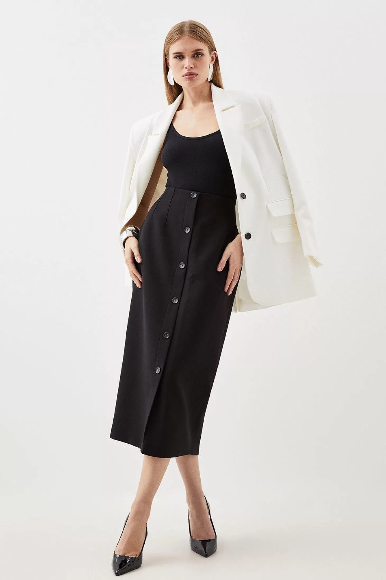 Karen Millen Tailored Compact Essential Button Through Midi Pencil Skirt