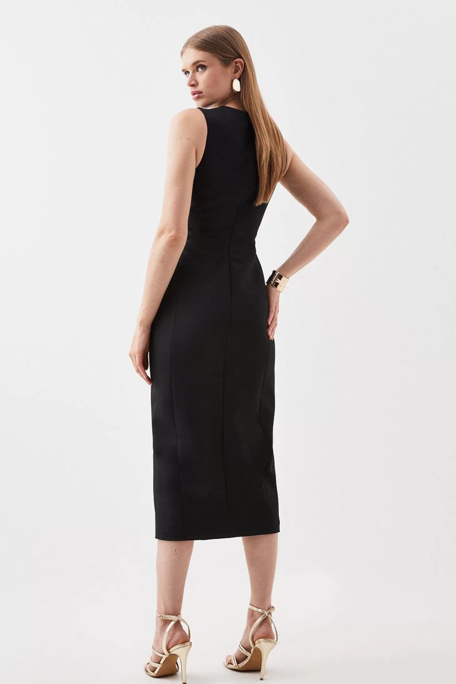 Karen Millen Tailored Compact Stretch Asymmetric Button Detail Midi Pencil Dress
