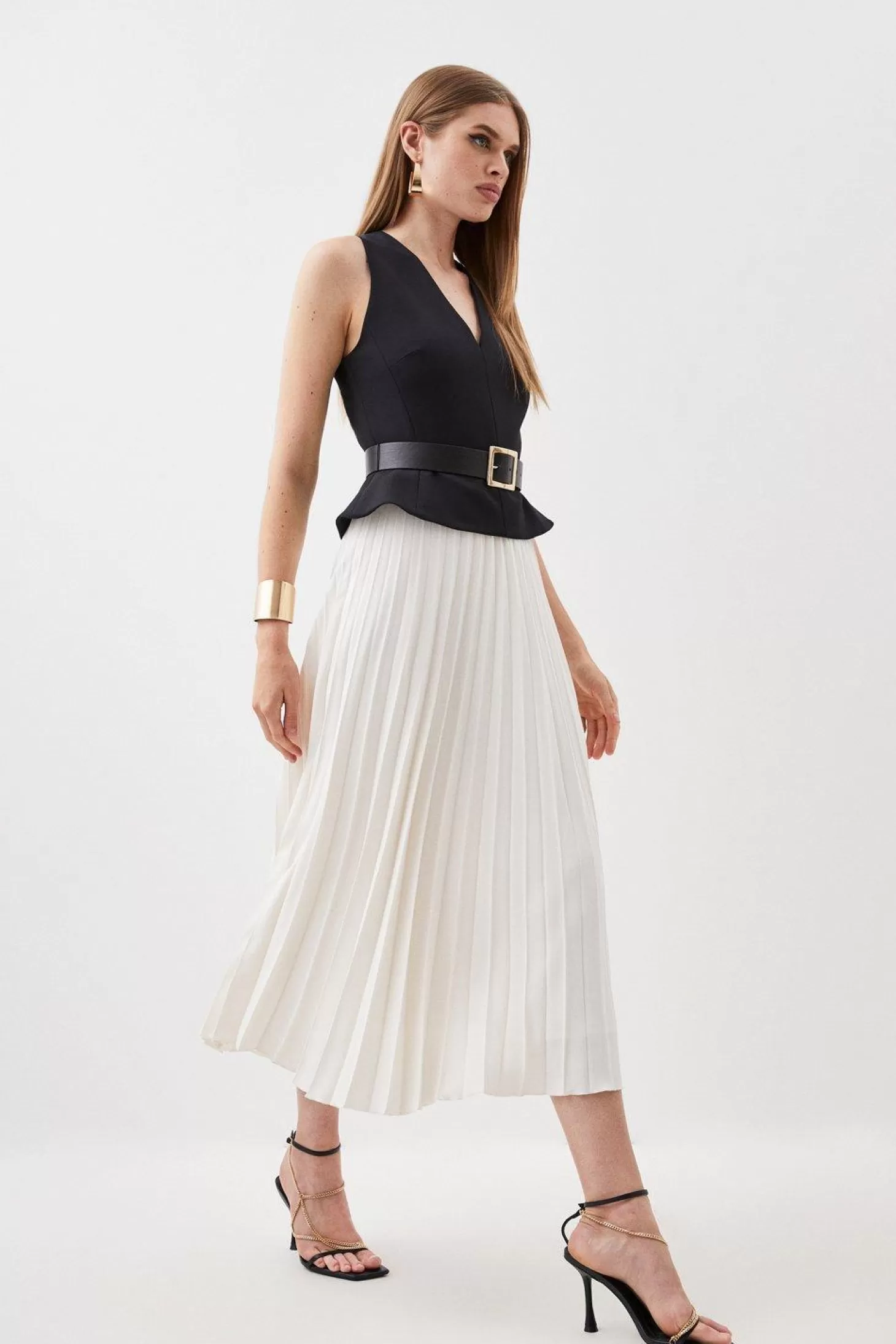 Karen Millen Tailored Compact Stretch Belted Bodice Pleated Midi Dress