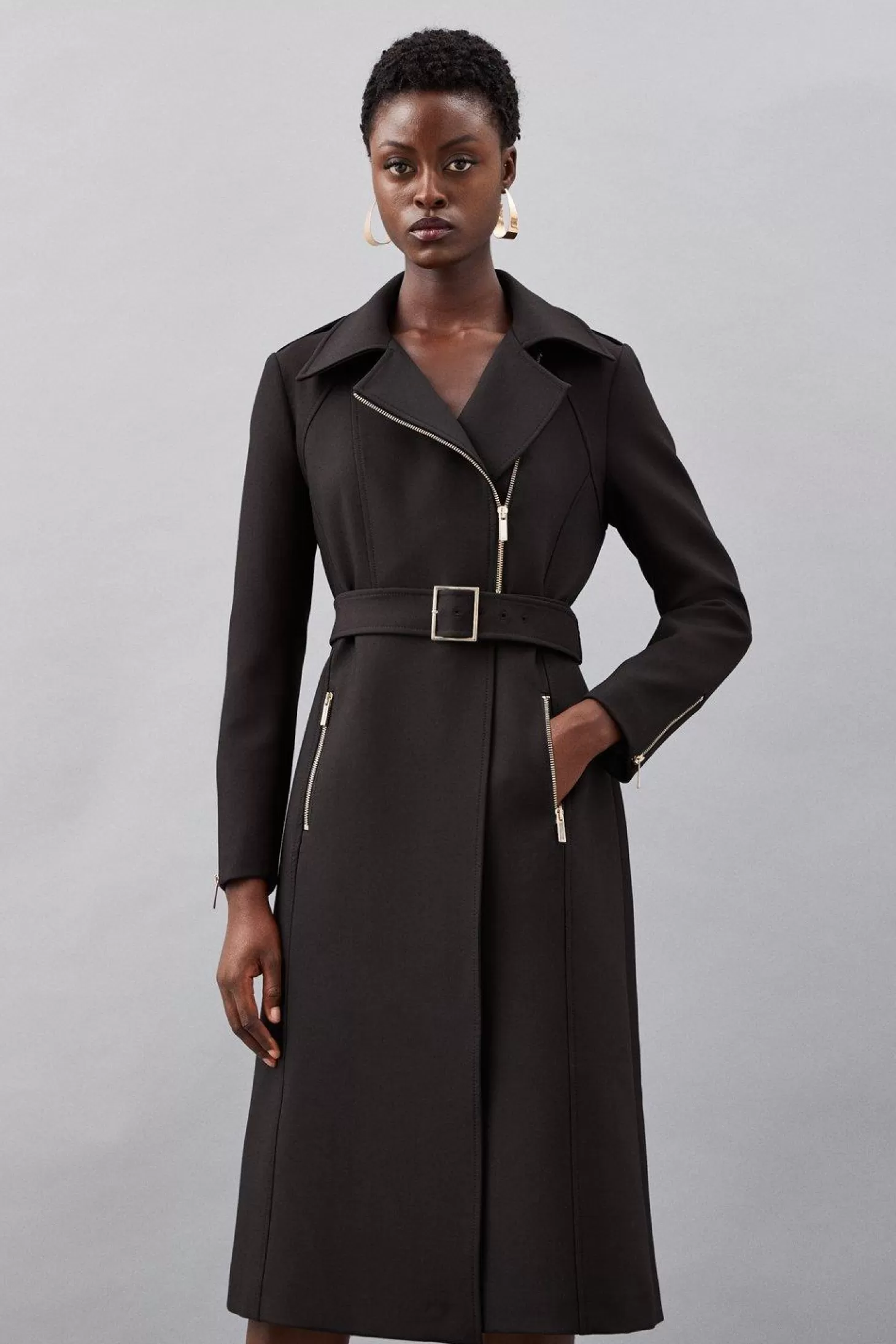 Karen Millen Tailored Compact Stretch High Neck Belted Midi Coat