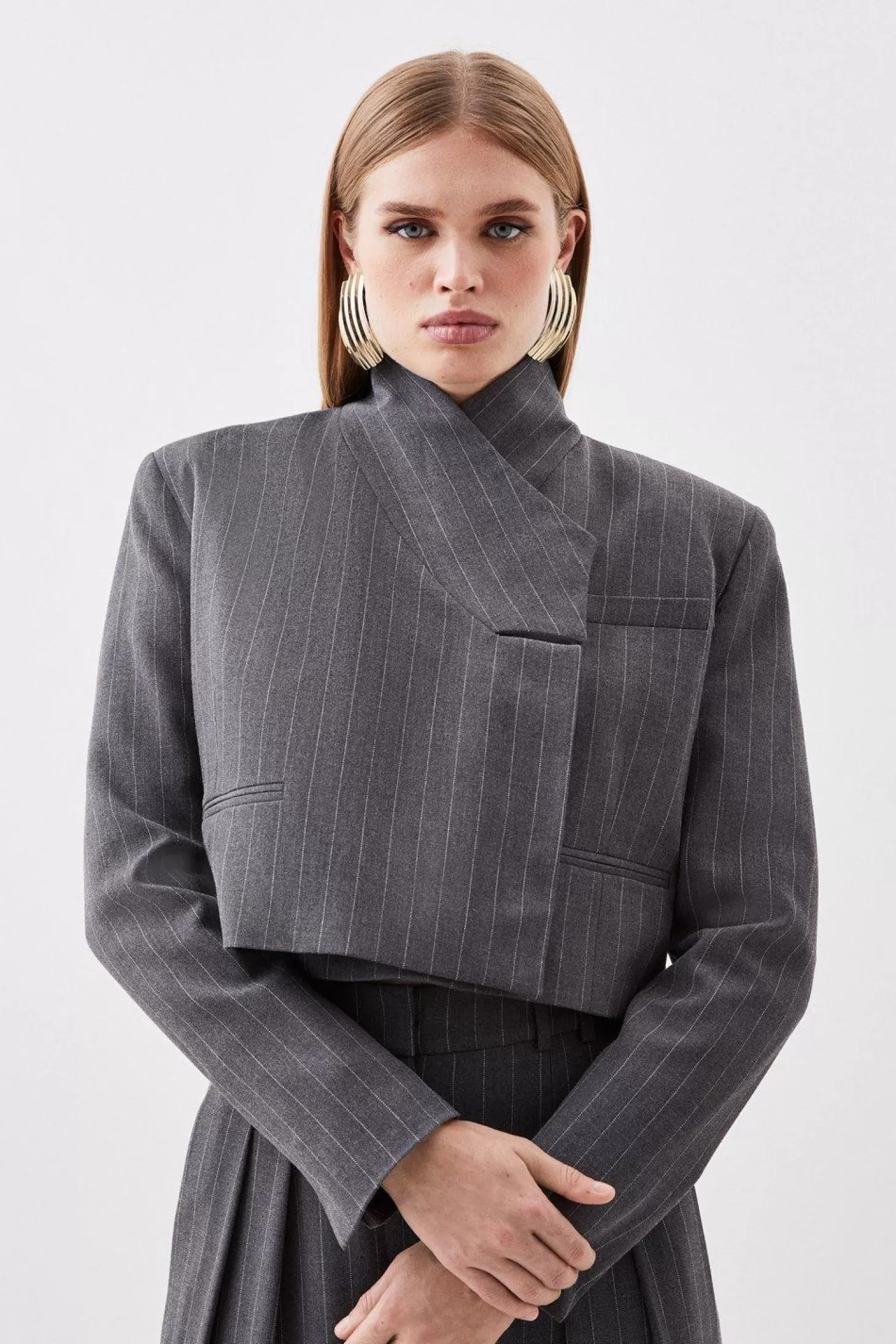 Karen Millen Tailored Compact Stretch Pinstripe Cropped Blazer