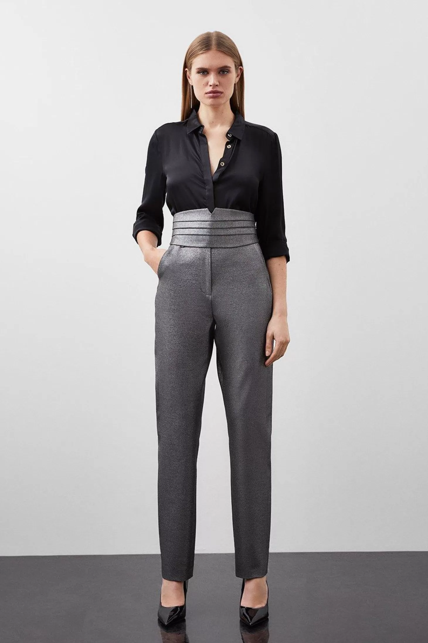 Karen Millen Tailored Compact Stretch Sparkle Satin Cummerbund Pants