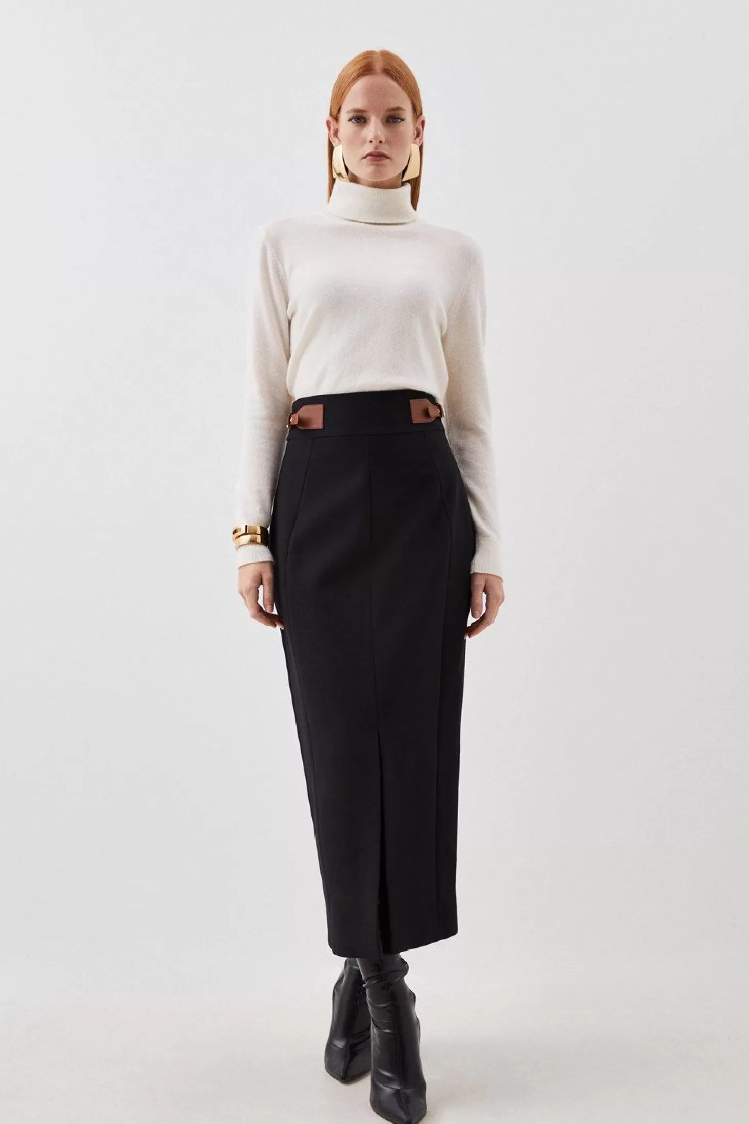 Karen Millen Tailored Compact Stretch Tab Detail Midi Skirt