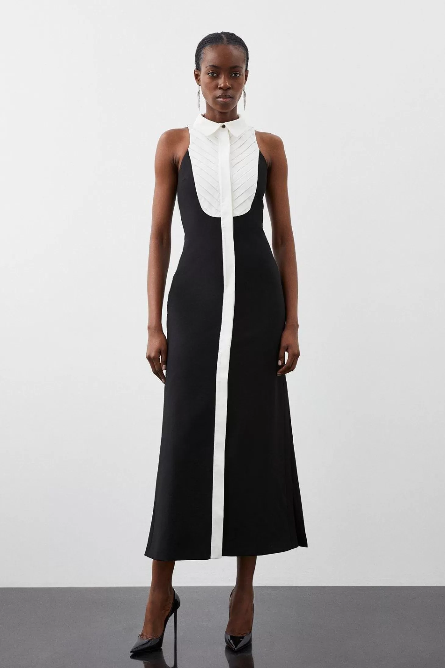 Karen Millen Tailored Compact Stretch Tuxedo Halter Neck Maxi Dress