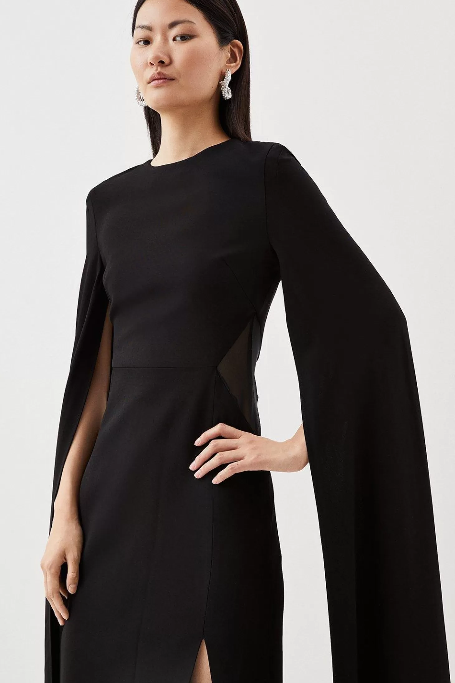 Karen Millen Tailored Compact Stretch Viscose Cape Mesh Panel Midi Dress