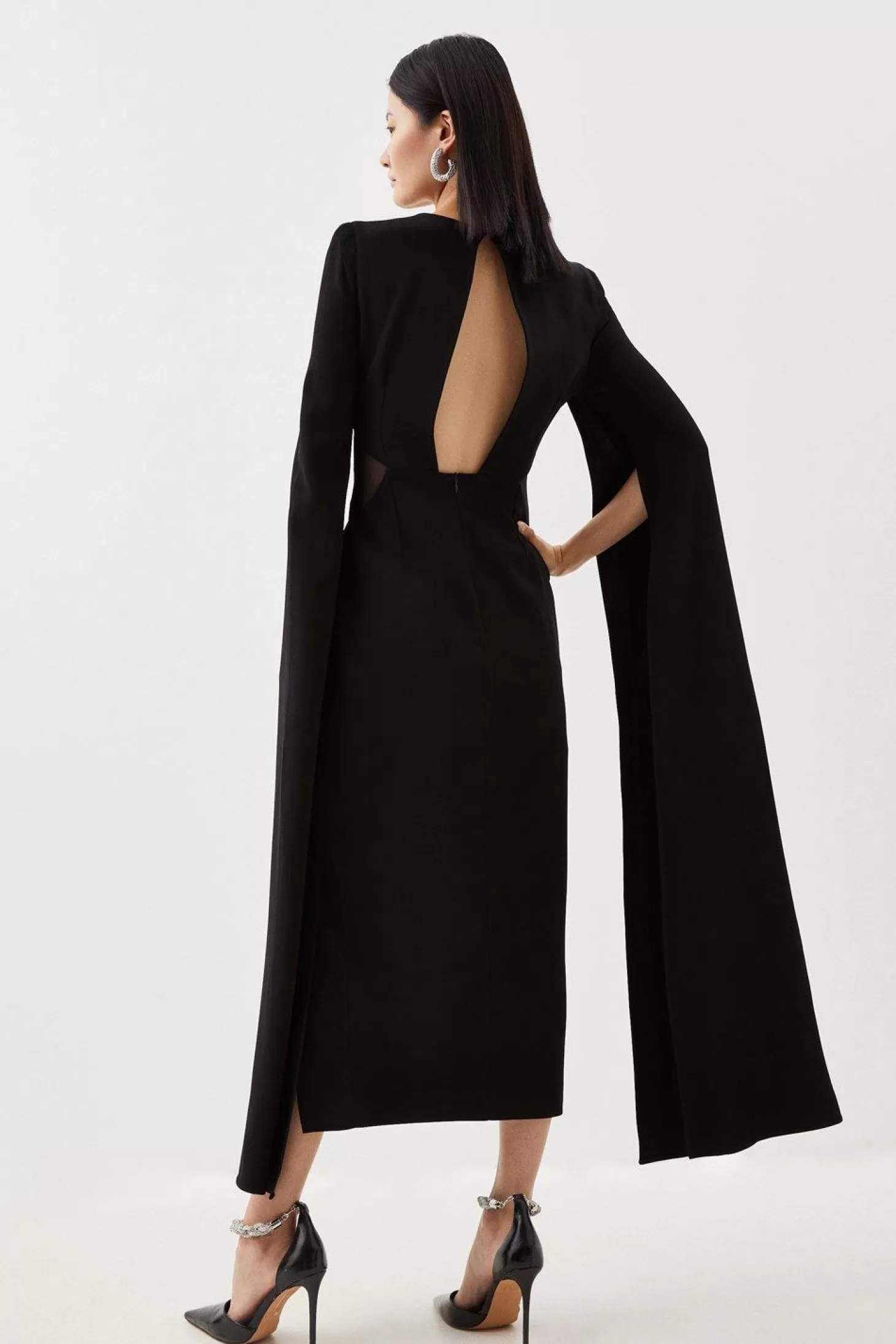 Karen Millen Tailored Compact Stretch Viscose Cape Mesh Panel Midi Dress
