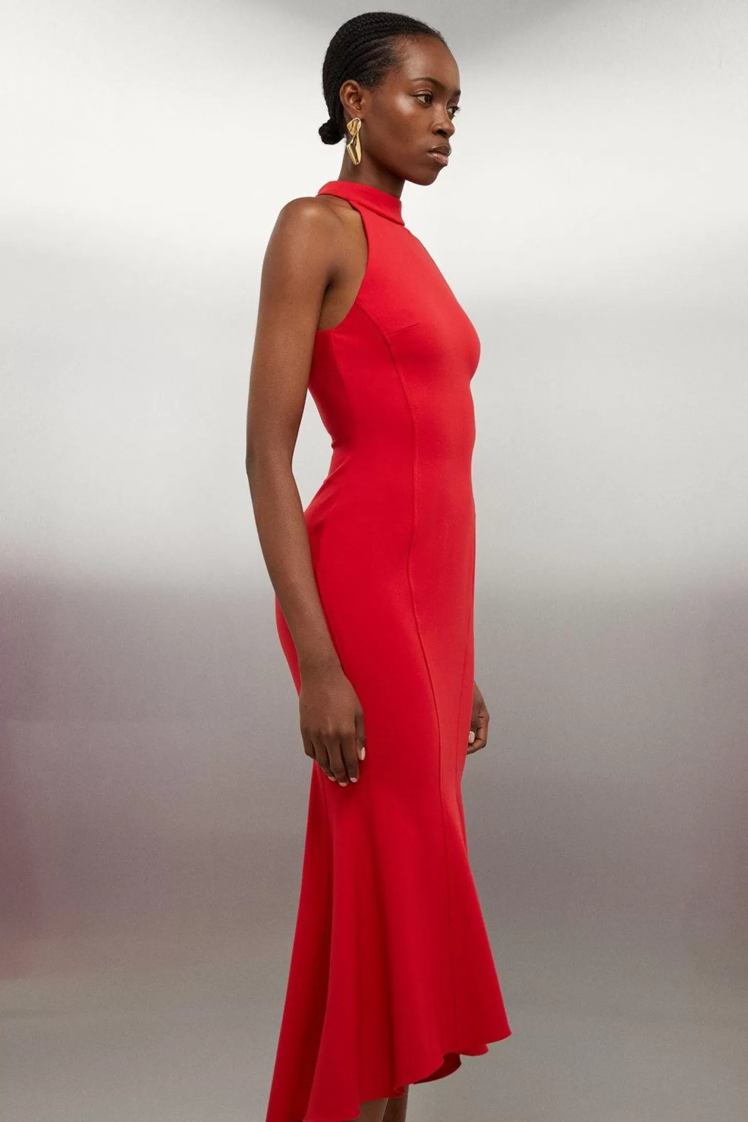 Karen Millen Tailo Compact Stretch Waterfall Hem High Neck Midi Dress