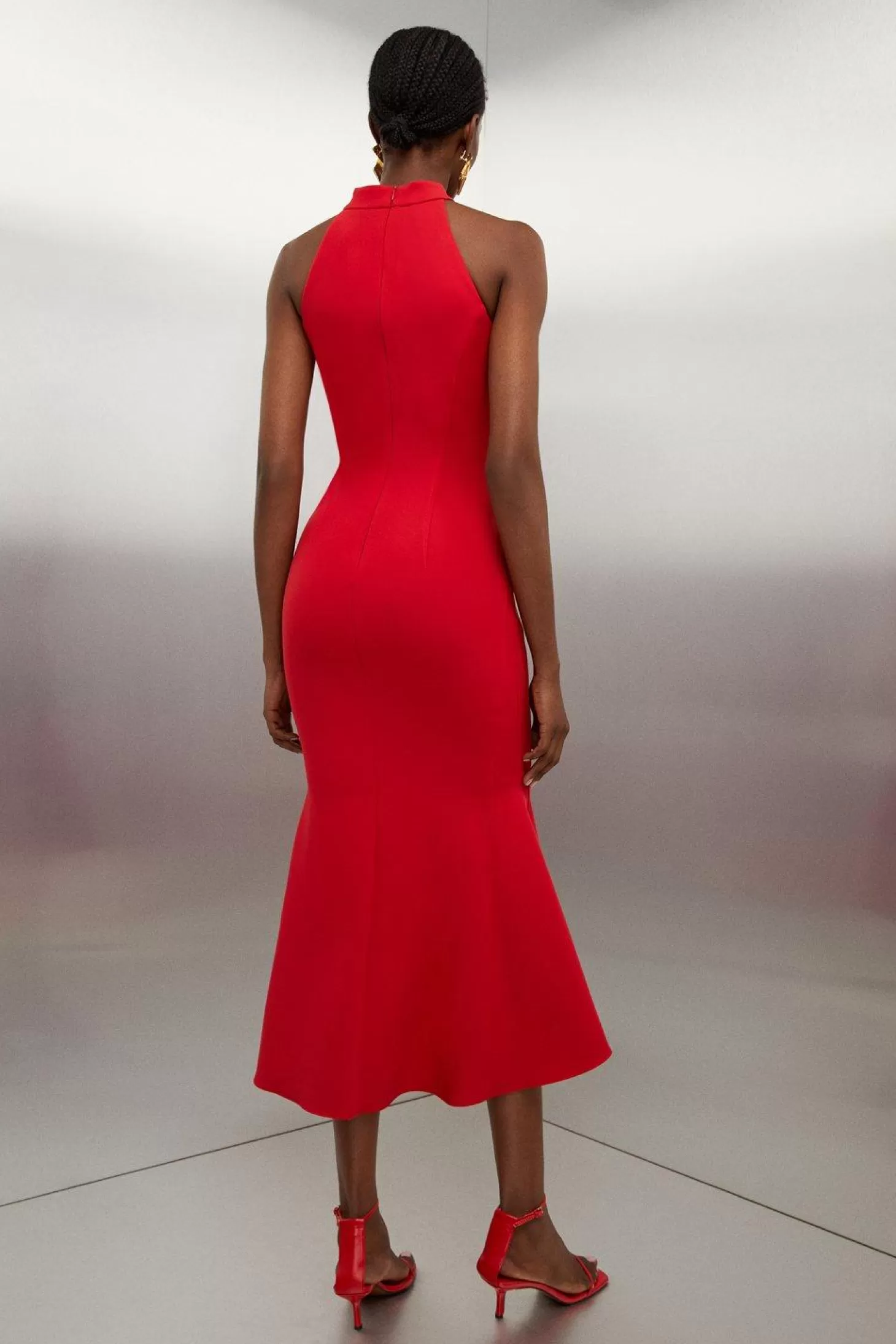 Karen Millen Tailo Compact Stretch Waterfall Hem High Neck Midi Dress