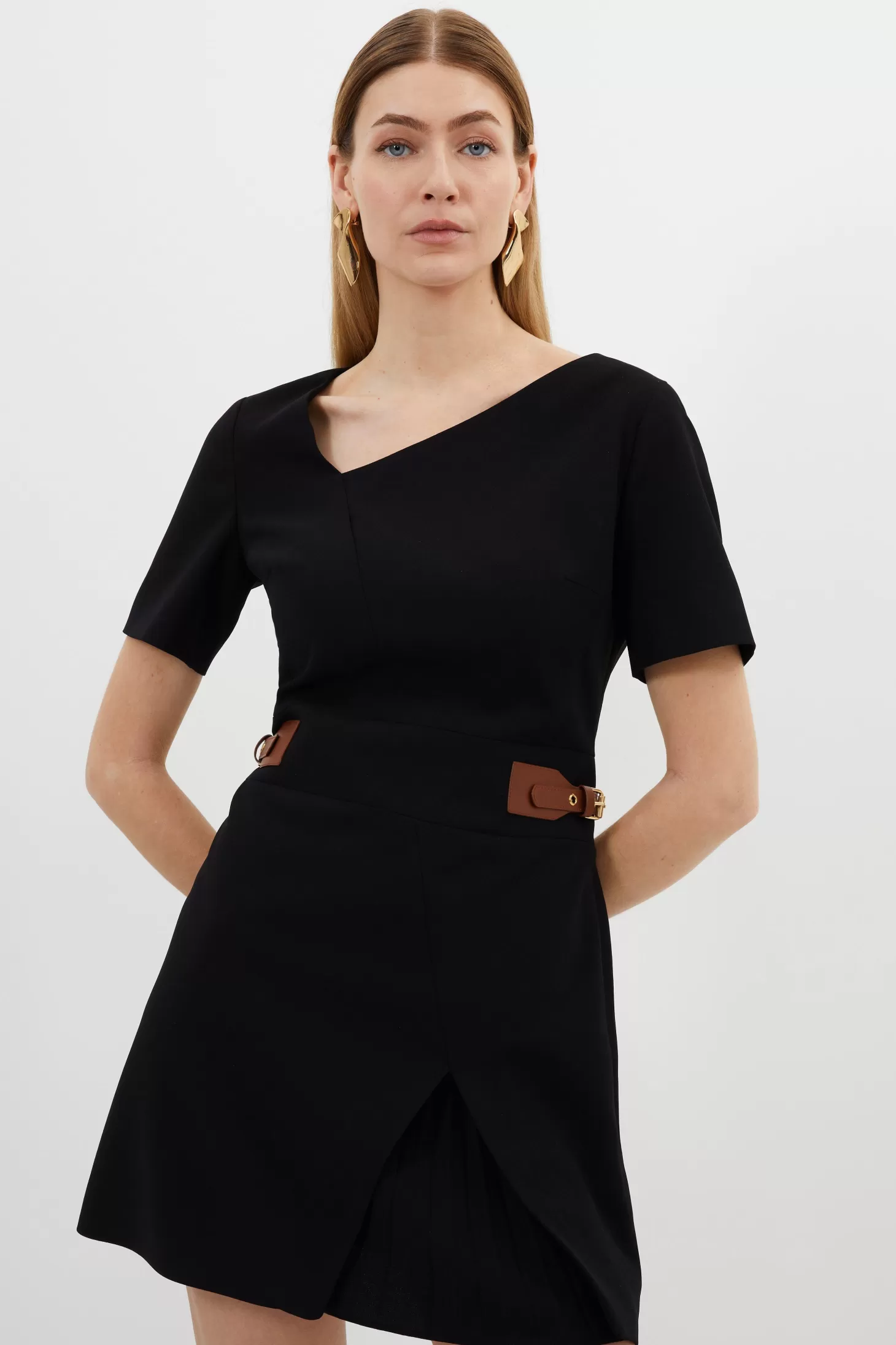 Karen Millen Tailored Crepe Asymmetric Neckline Pleated Midi Dress