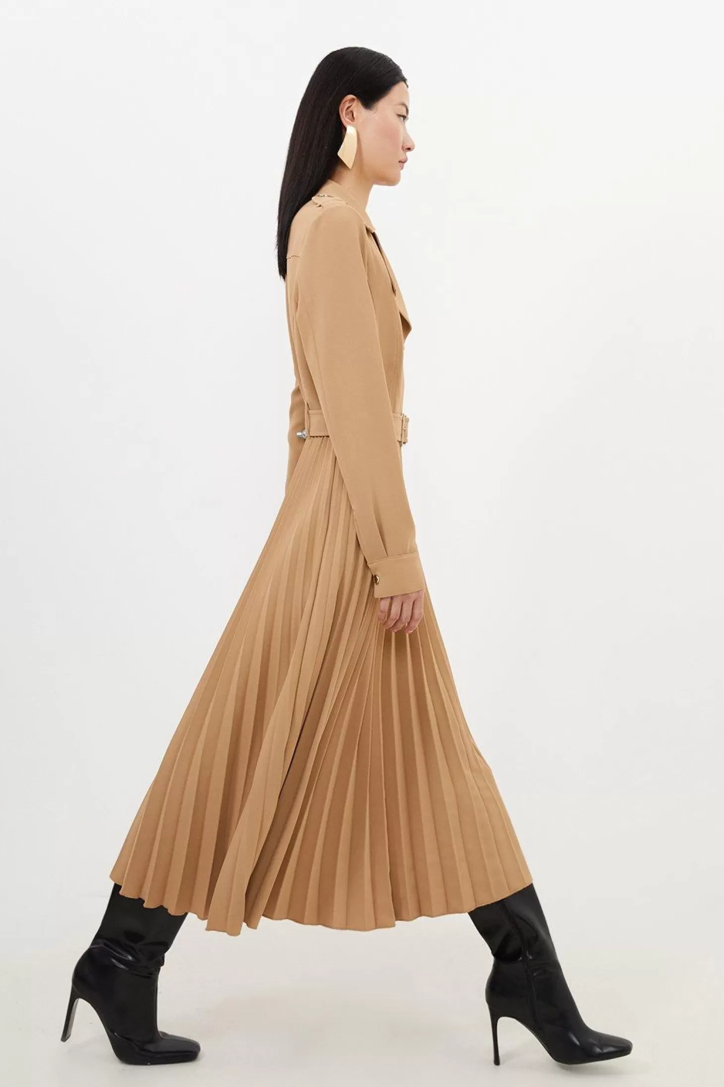 Karen Millen Tailored Crepe Belted Pleated Skirt Midi Shirt Dress