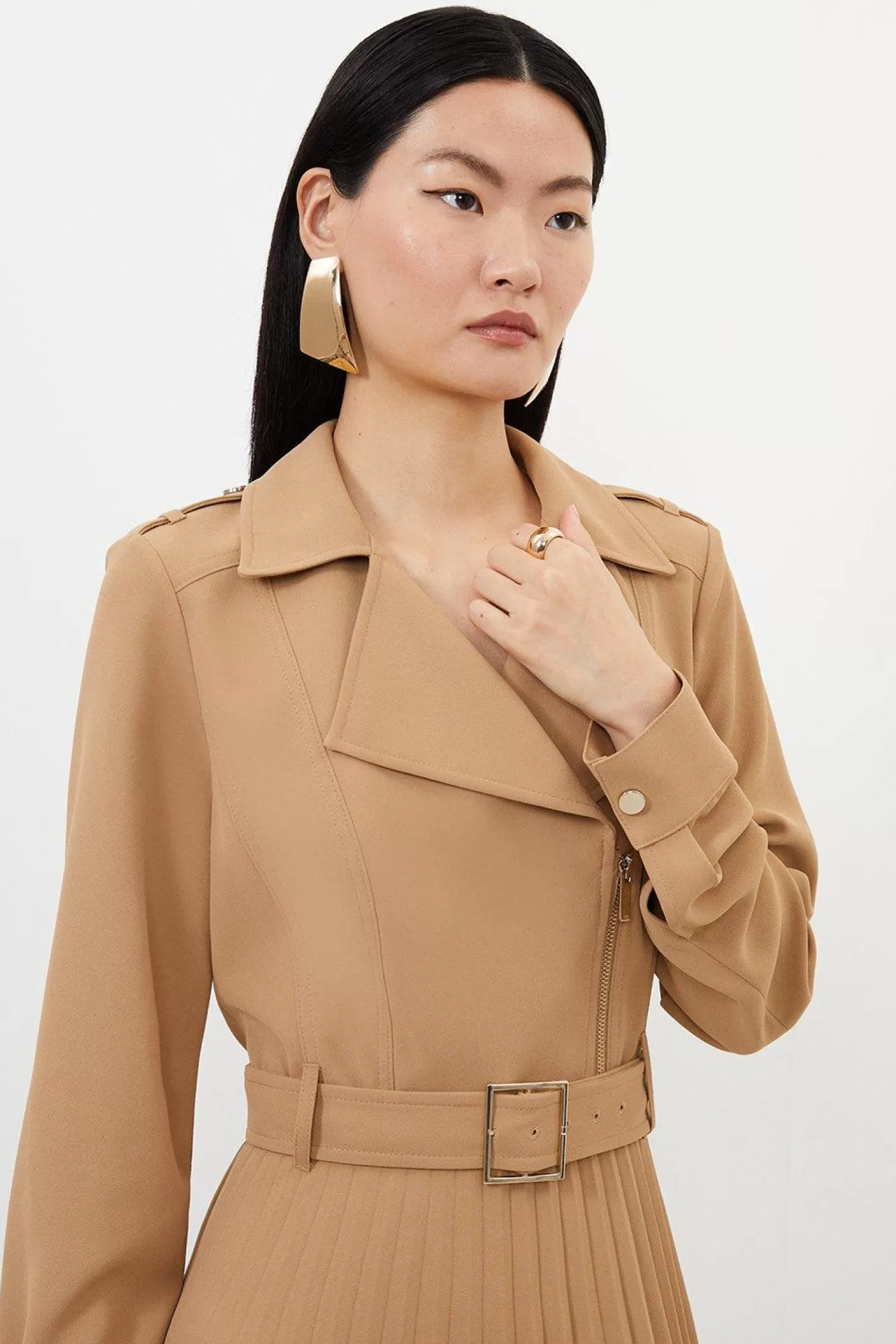 Karen Millen Tailored Crepe Belted Pleated Skirt Midi Shirt Dress