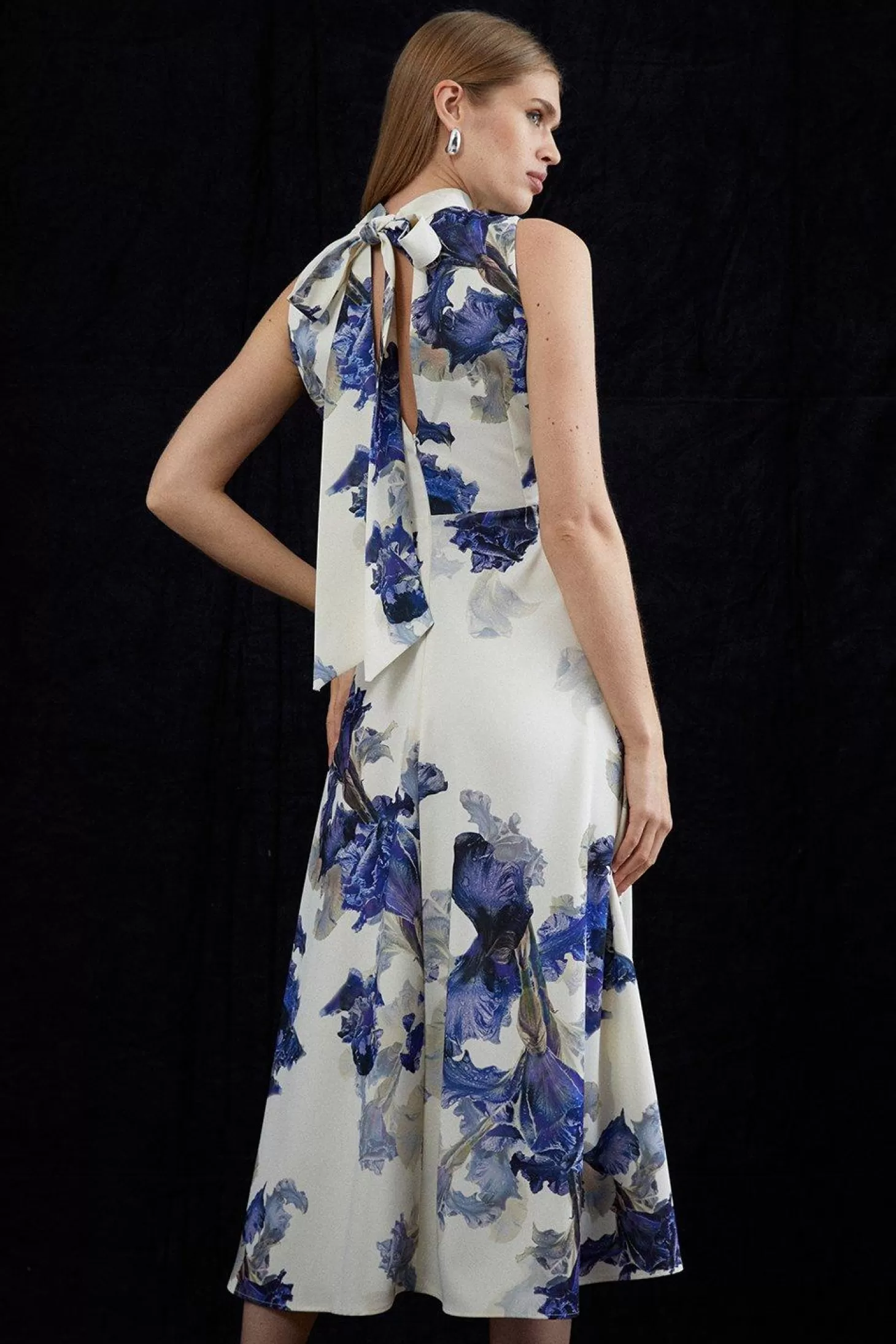 Karen Millen Tailored Crepe Floral Print Tie Neck Midi Dress