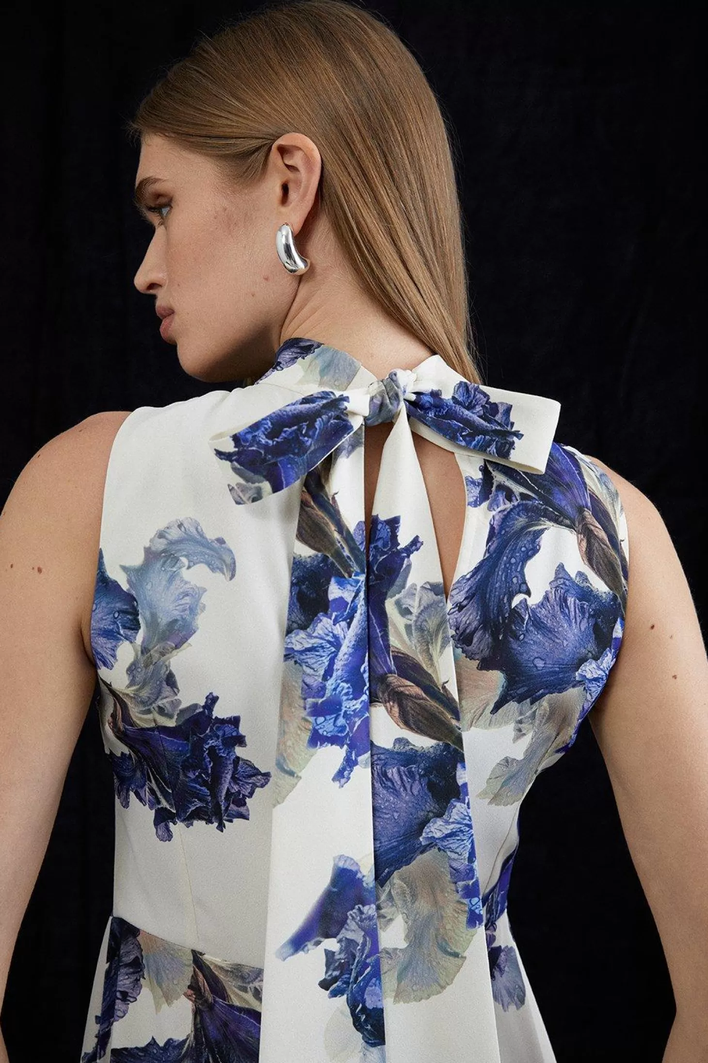 Karen Millen Tailored Crepe Floral Print Tie Neck Midi Dress