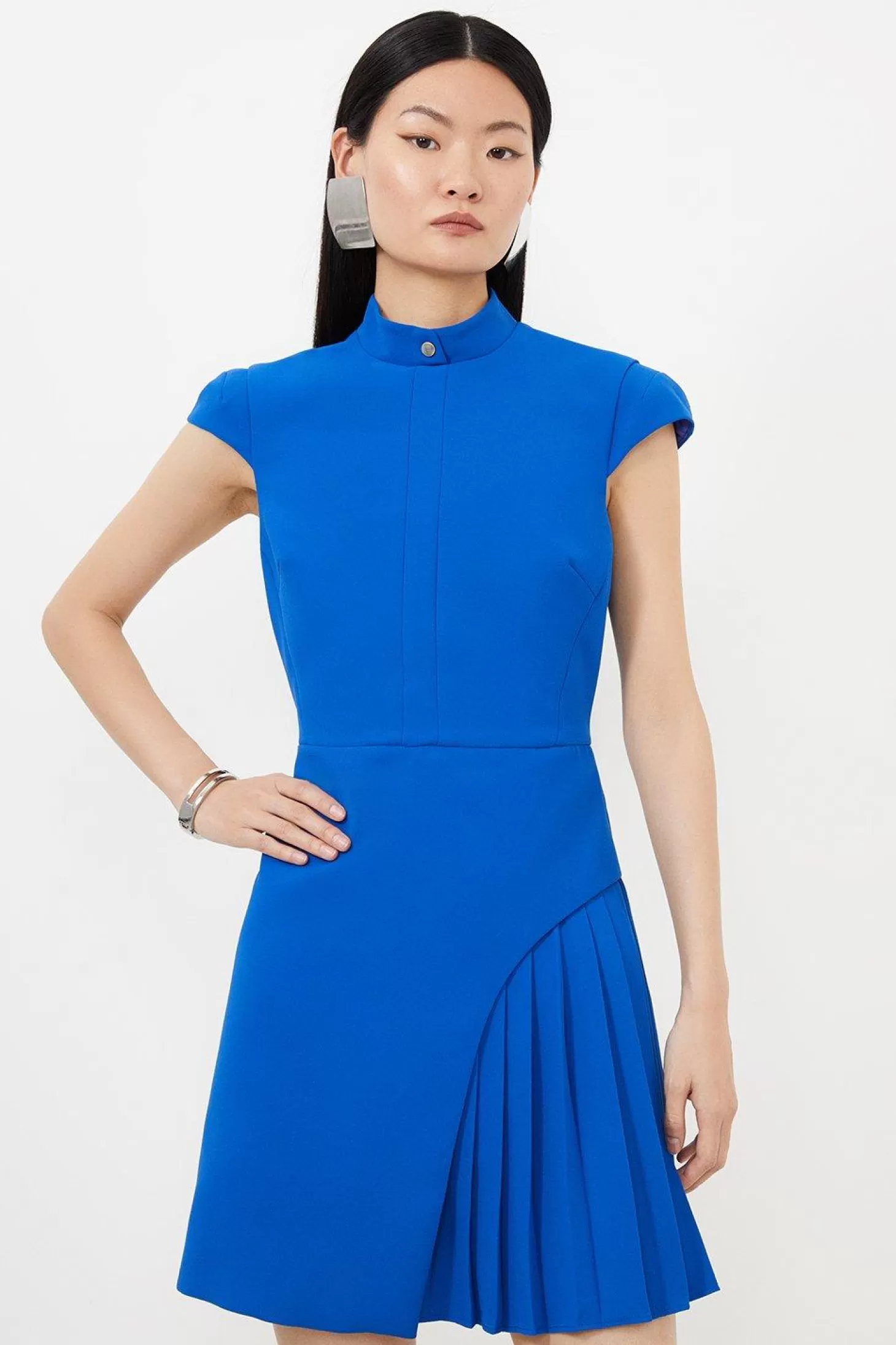 Karen Millen Tailored Crepe High Neck Side Pleat Detail Mini Dress