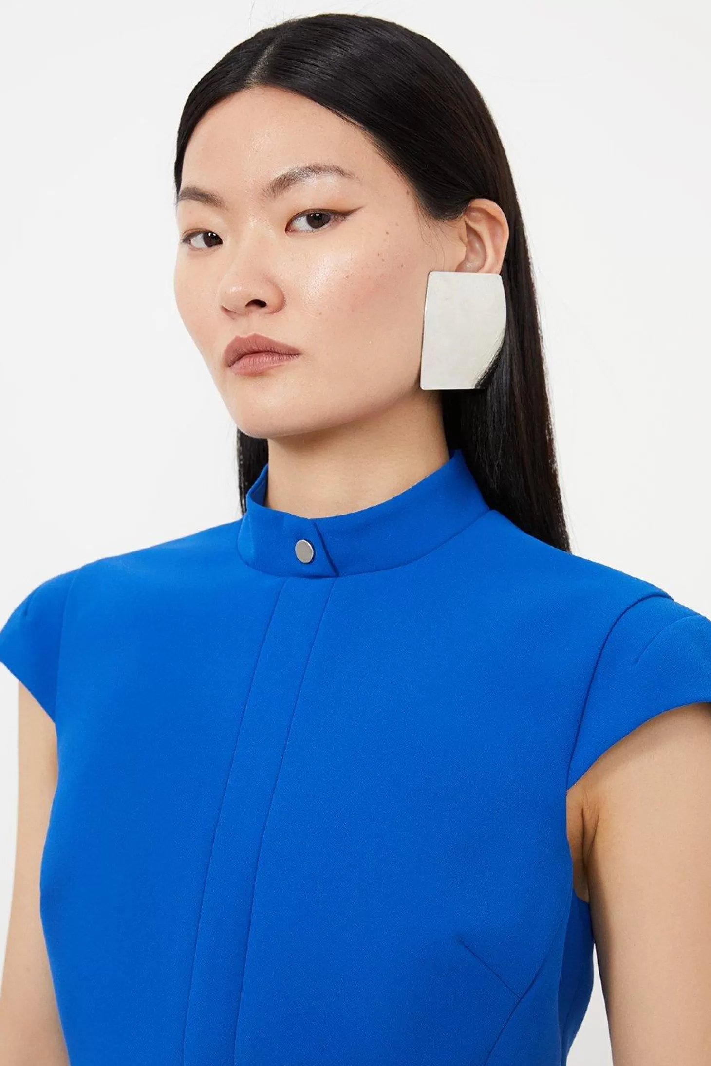 Karen Millen Tailored Crepe High Neck Side Pleat Detail Mini Dress