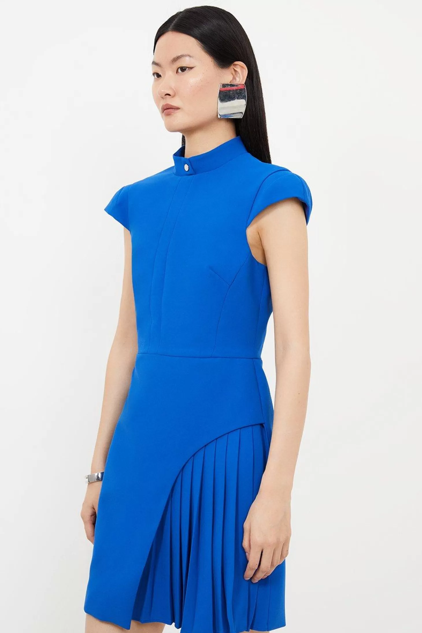 Karen Millen Tailored Crepe High Neck Side Pleat Detail Mini Dress