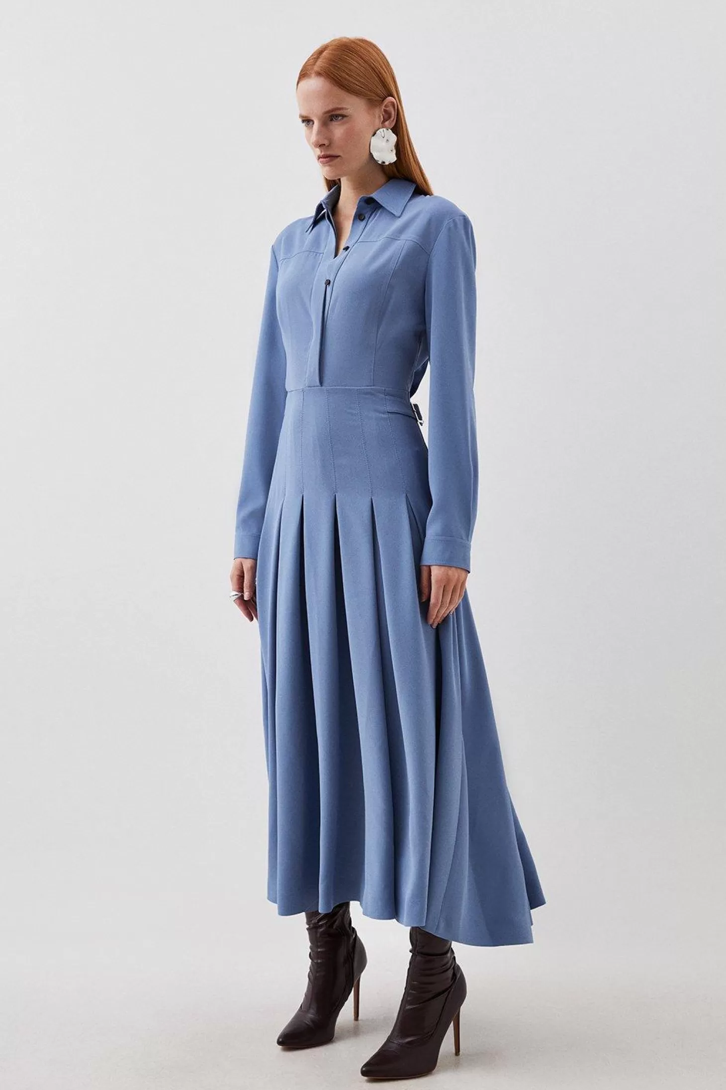 Karen Millen Tailored Crepe Pleated Midi Shirt Dress