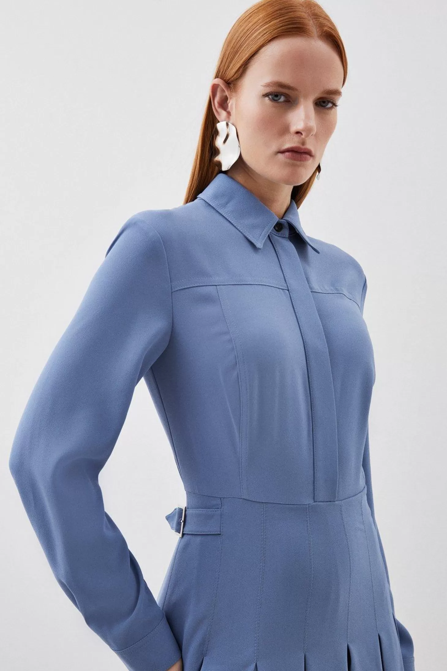 Karen Millen Tailored Crepe Pleated Midi Shirt Dress