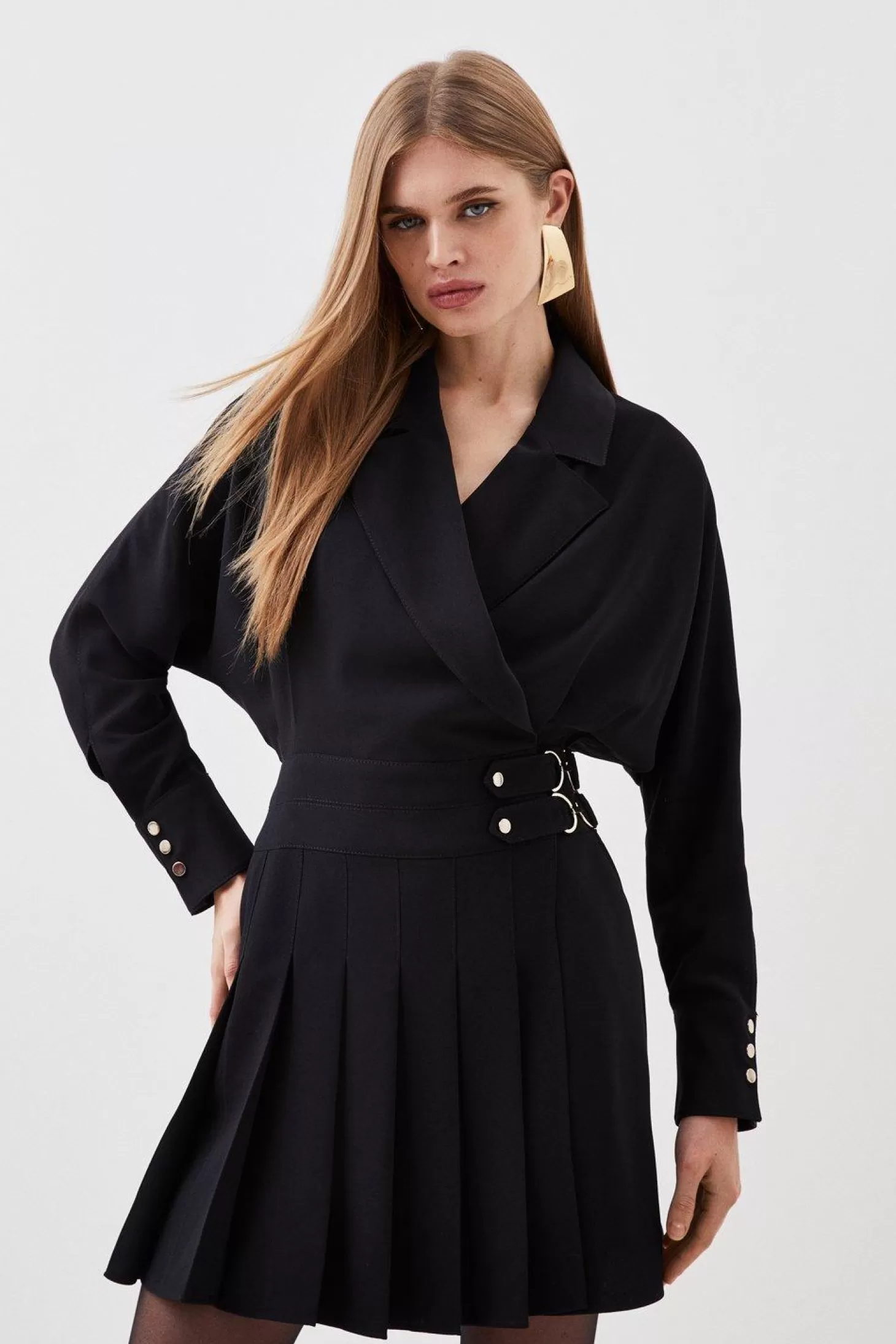 Karen Millen Tailored Crepe Pleated Skirt Wrap Mini Shirt Dress