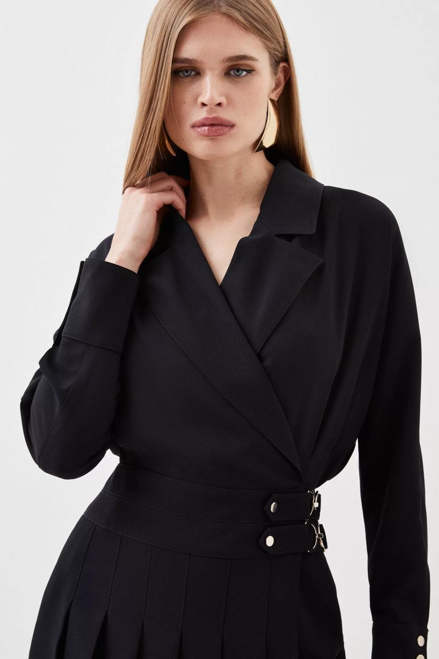 Karen Millen Tailored Crepe Pleated Skirt Wrap Mini Shirt Dress