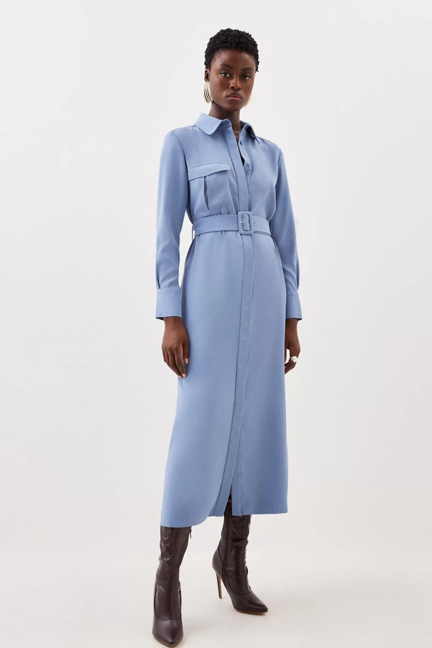 Karen Millen Tailored Crepe Pocket Detail Belted Midi Shirt Dress