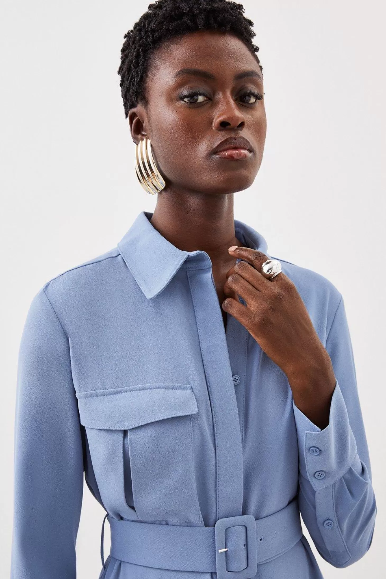 Karen Millen Tailored Crepe Pocket Detail Belted Midi Shirt Dress