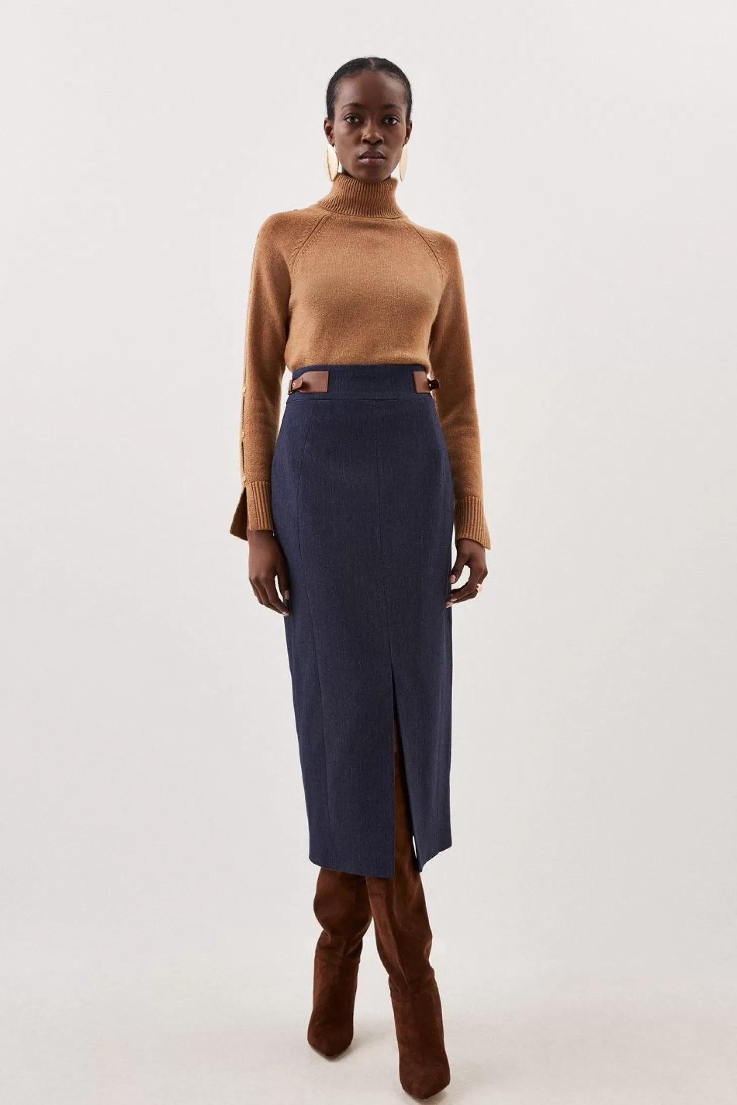 Karen Millen Tailored Denim Tab Detail Midi Skirt