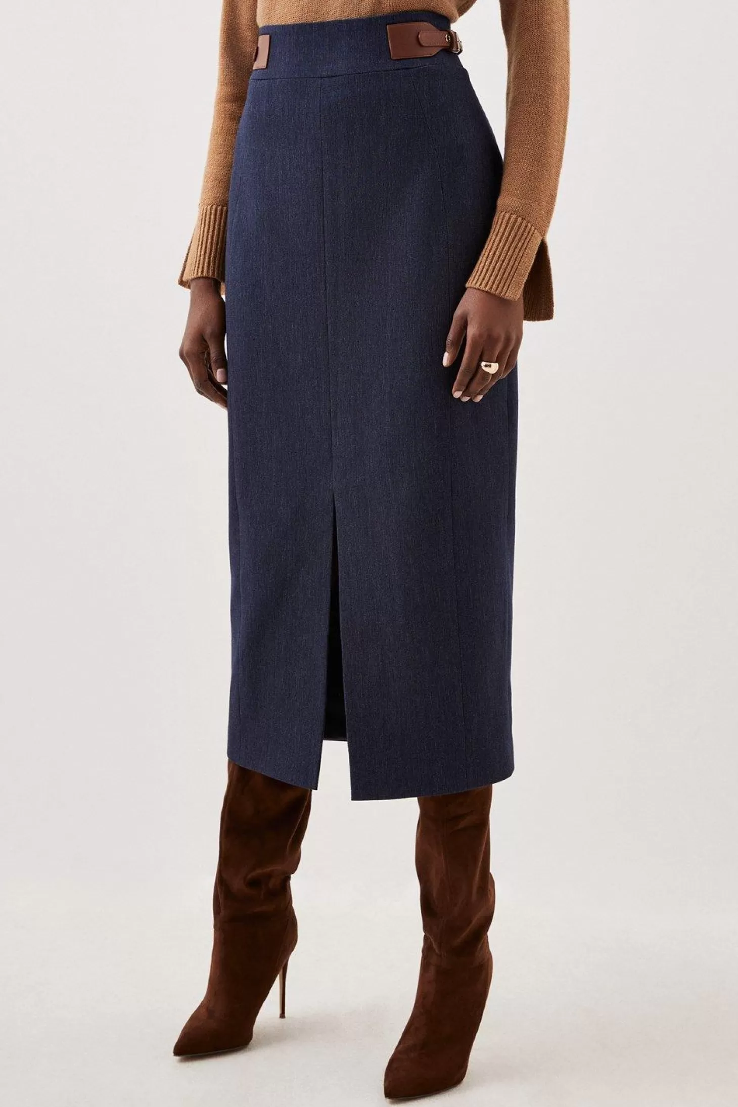 Karen Millen Tailored Denim Tab Detail Midi Skirt