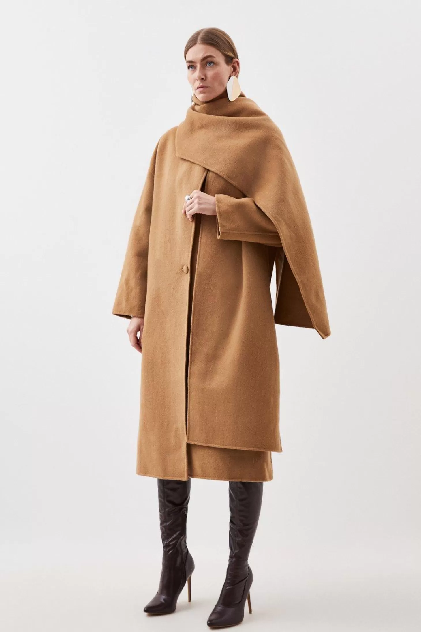 Karen Millen Tailored Double Faced Wool Scarf Neck Midi Coat