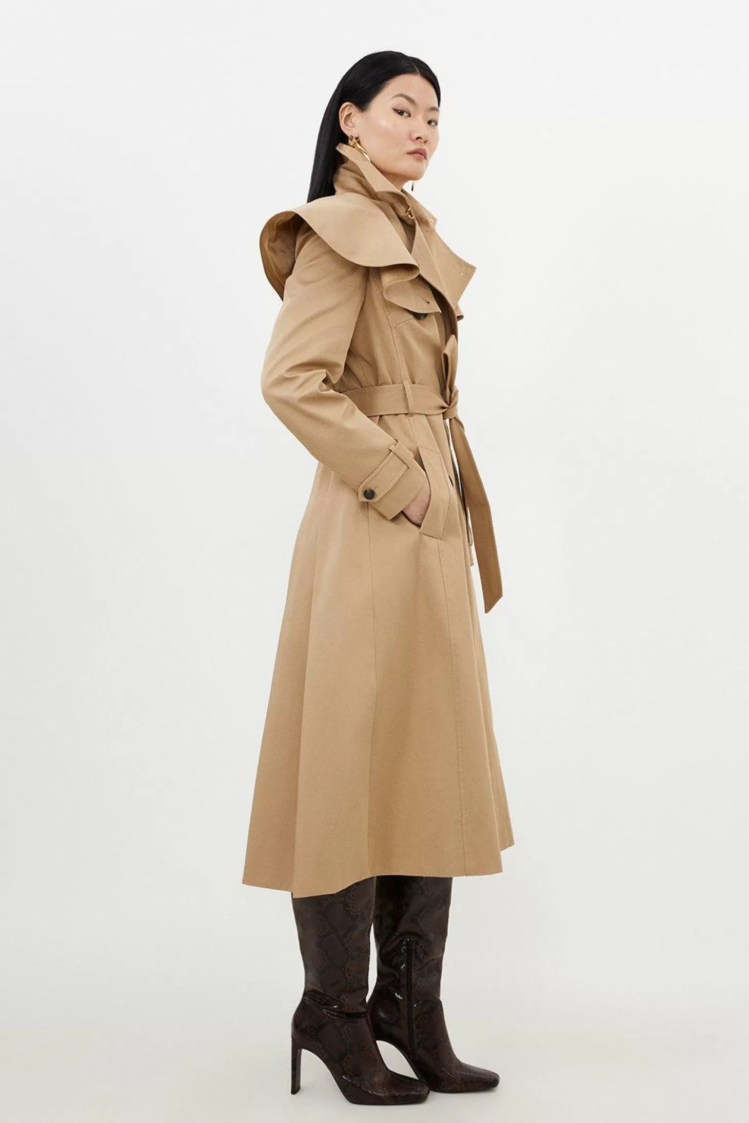 Karen Millen Tailored Draped Storm Flap Detail Belted Trench Coat
