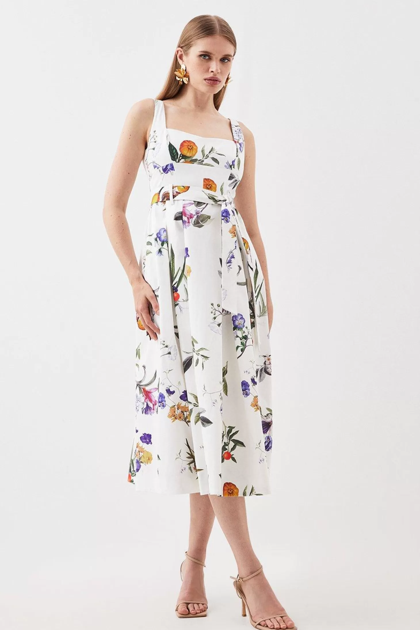 Karen Millen Tailored Fruity Floral Belted Sleeveless Midi Dress