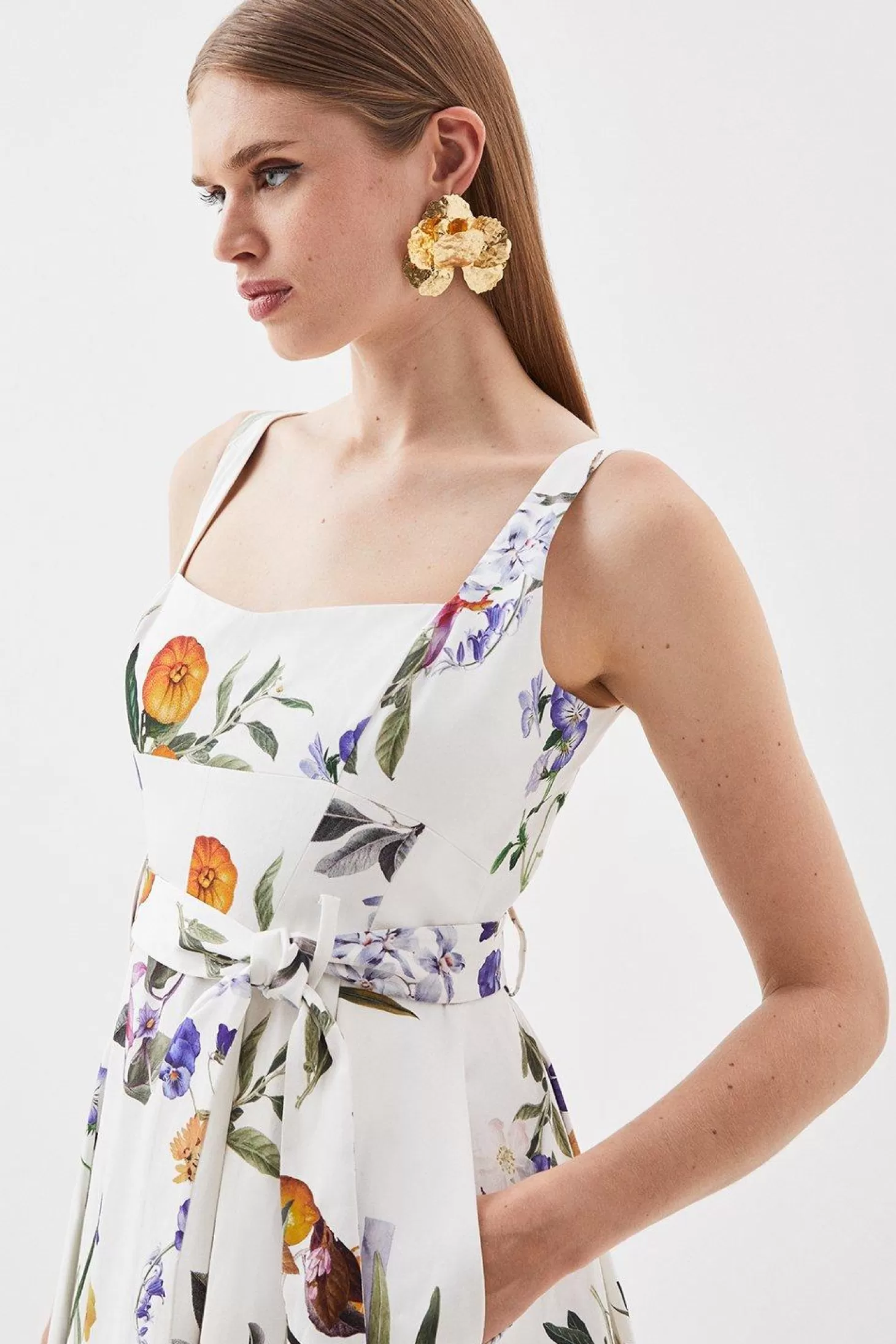 Karen Millen Tailored Fruity Floral Belted Sleeveless Midi Dress