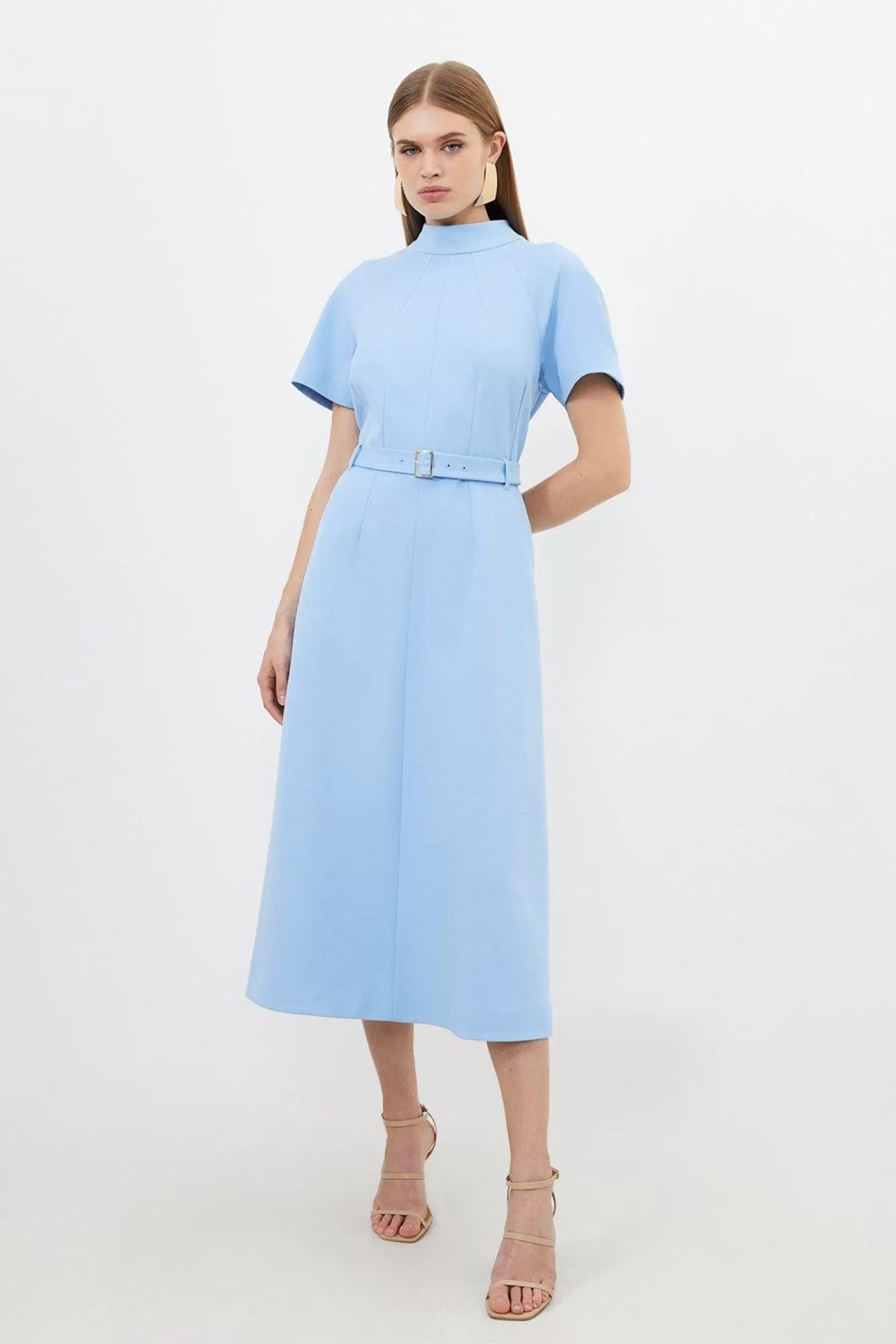 Karen Millen Tailored Grown On Neck Belted Full Skirt Midi Dress