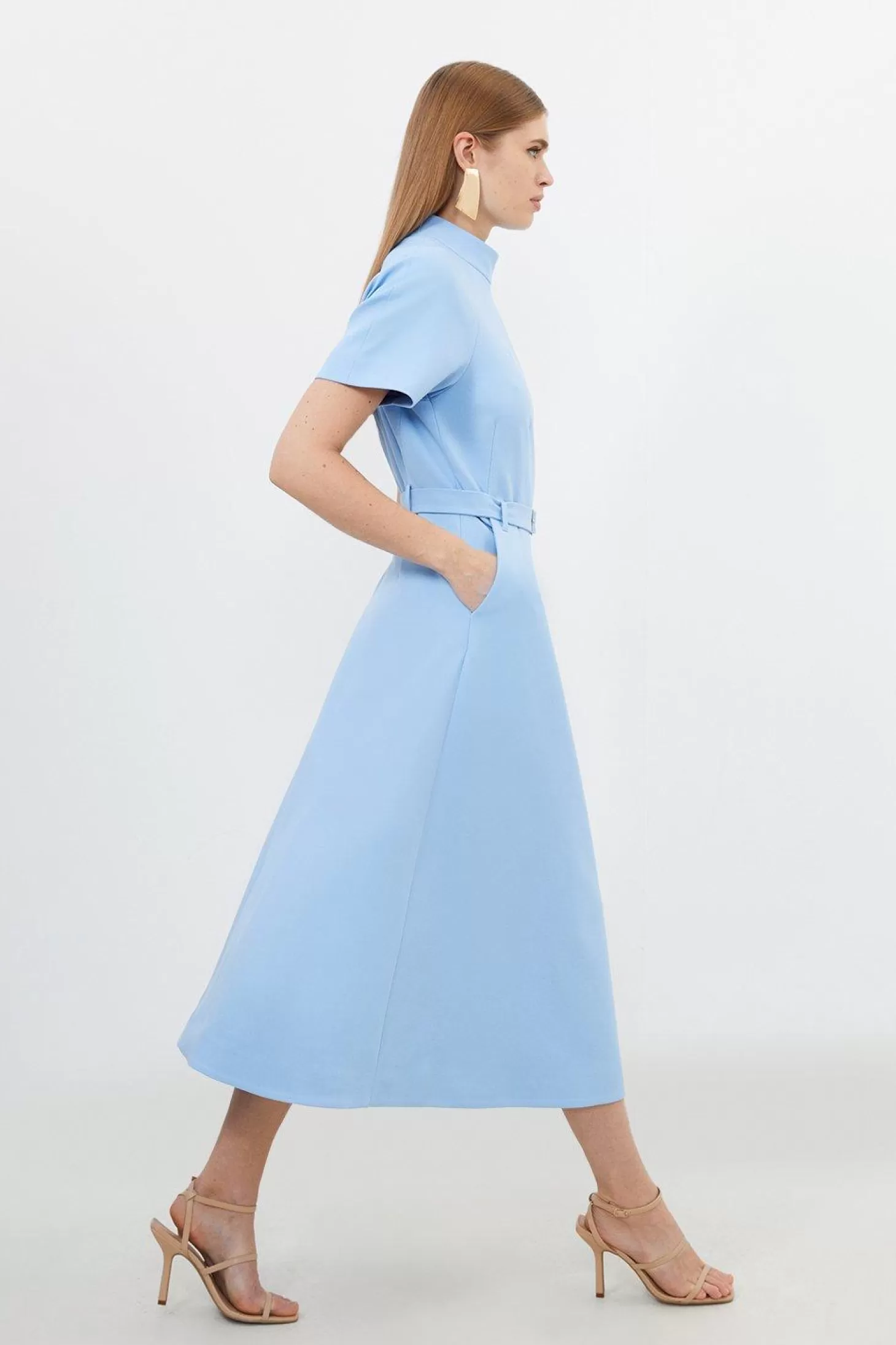 Karen Millen Tailored Grown On Neck Belted Full Skirt Midi Dress