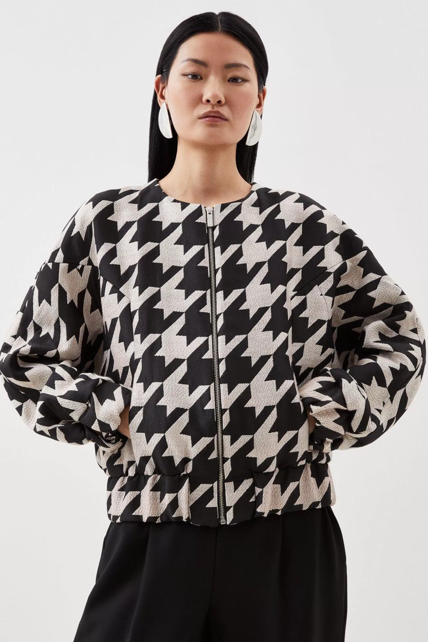 Karen Millen Tailored Houndstooth Jacquard Relaxed Fit Bomber Jacket