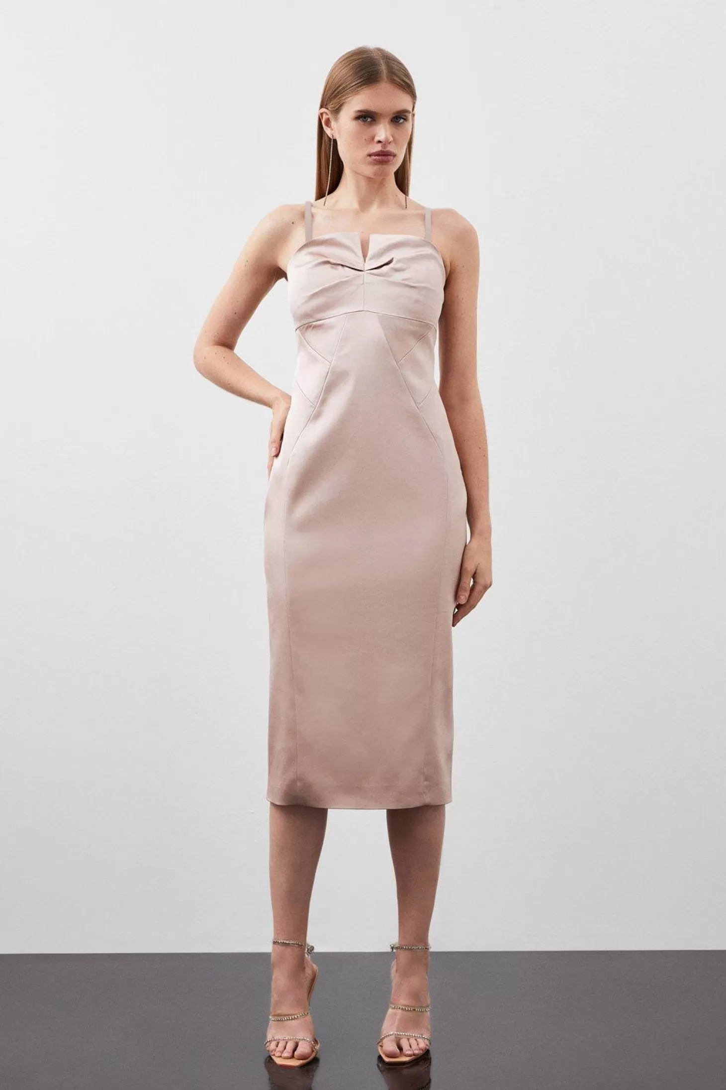 Karen Millen Tailored Italian Structured Satin Tuck Detail Pencil Dress