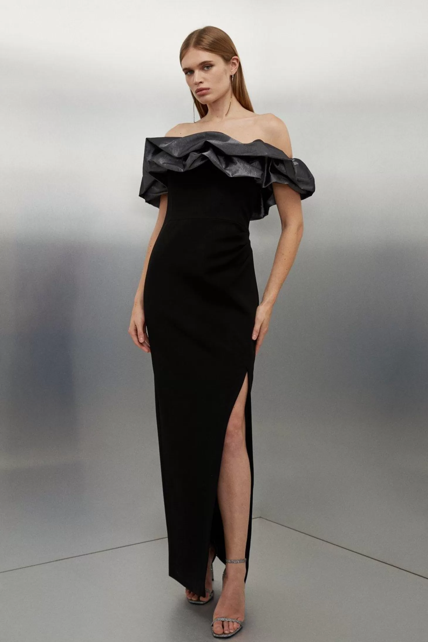 Karen Millen Tailored Metallic Off Shoulder Drape Detail Side Split Pencil Dress