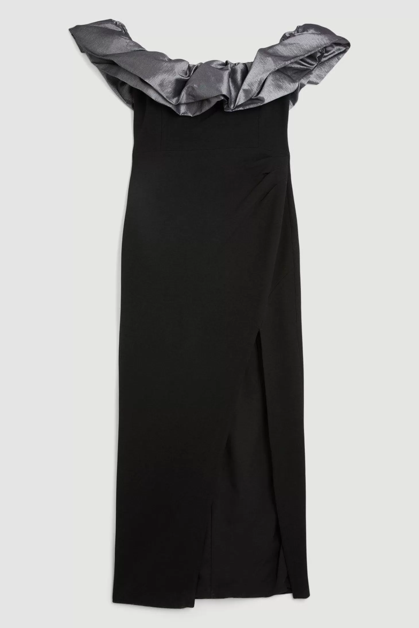 Karen Millen Tailored Metallic Off Shoulder Drape Detail Side Split Pencil Dress